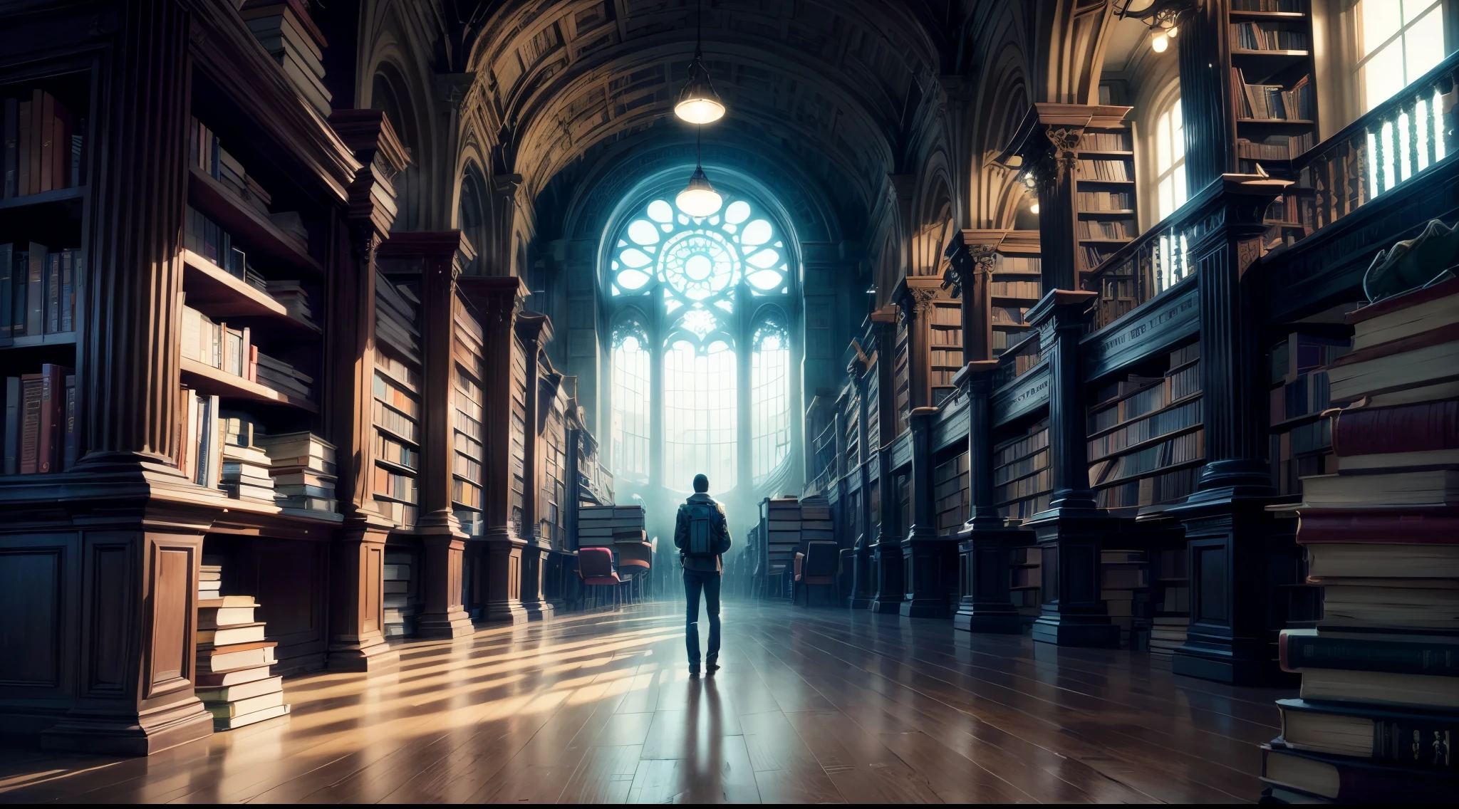 image of a man standing in a library with books, endless books, borne space library artwork, books cave, fantasy book illustration, spiral shelves full of books, infinite celestial library, an eternal library, gothic epic library concept, magic library, japanese sci - fi books art, beeple and jean giraud, books all over the place,

