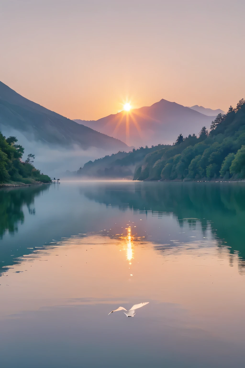 Lakeside in the morning,A red sun rises slowly,The soft morning sun shines on the lake,sparkling。The lake is like a mirror,Reflecting the clouds in the sky and the mountains in the distance,Beautiful scenes like ink paintings。The trees by the lake sway gently in the breeze,Exudes a fresh breath。A group of egrets dance on the lake,like a beautiful picture。Fishing boats pass leisurely in the distance,leave a ripple,Decorate this tranquil lake surface even more beautifully。The whole picture is like a peaceful and beautiful landscape painting,Make people involuntarily intoxicated。