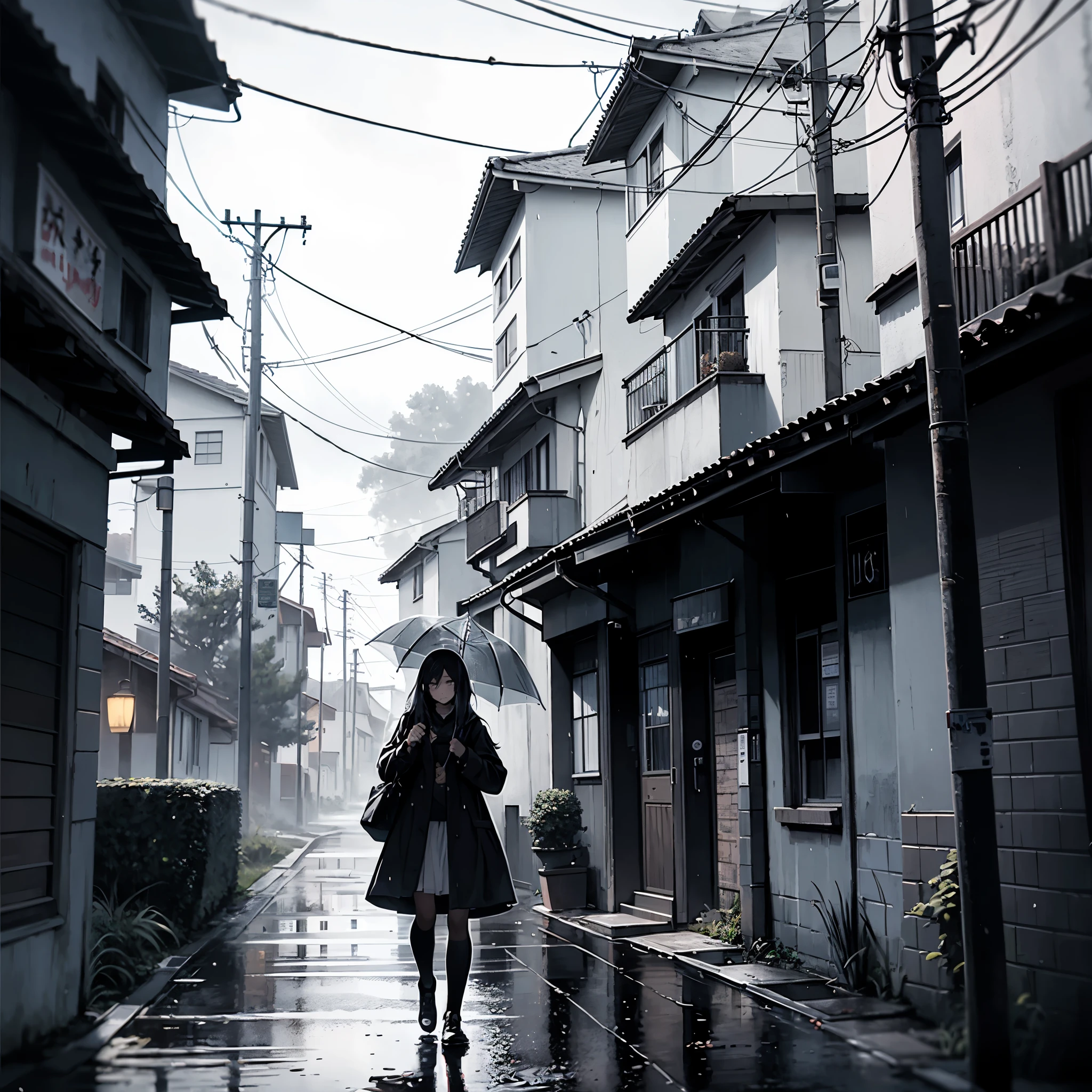 In the quaint, rain-soaked village, a solitary girl clad in a black uniform stands on the deserted street, looking directly at the viewer. The melancholic ambiance of the day is accentuated by the drizzling rain, as it pelts against the girl's uniform, making it seem almost translucent. In the background, a car can be seen parked in a nearby field, its tires kicking up mud as if beckoning the passing of time. The village, shrouded in monochrome tones, is picturesquely framed by the falling rain and the grey, moody sky overhead. The intricate details of the scene are rendered in best quality, ultra-