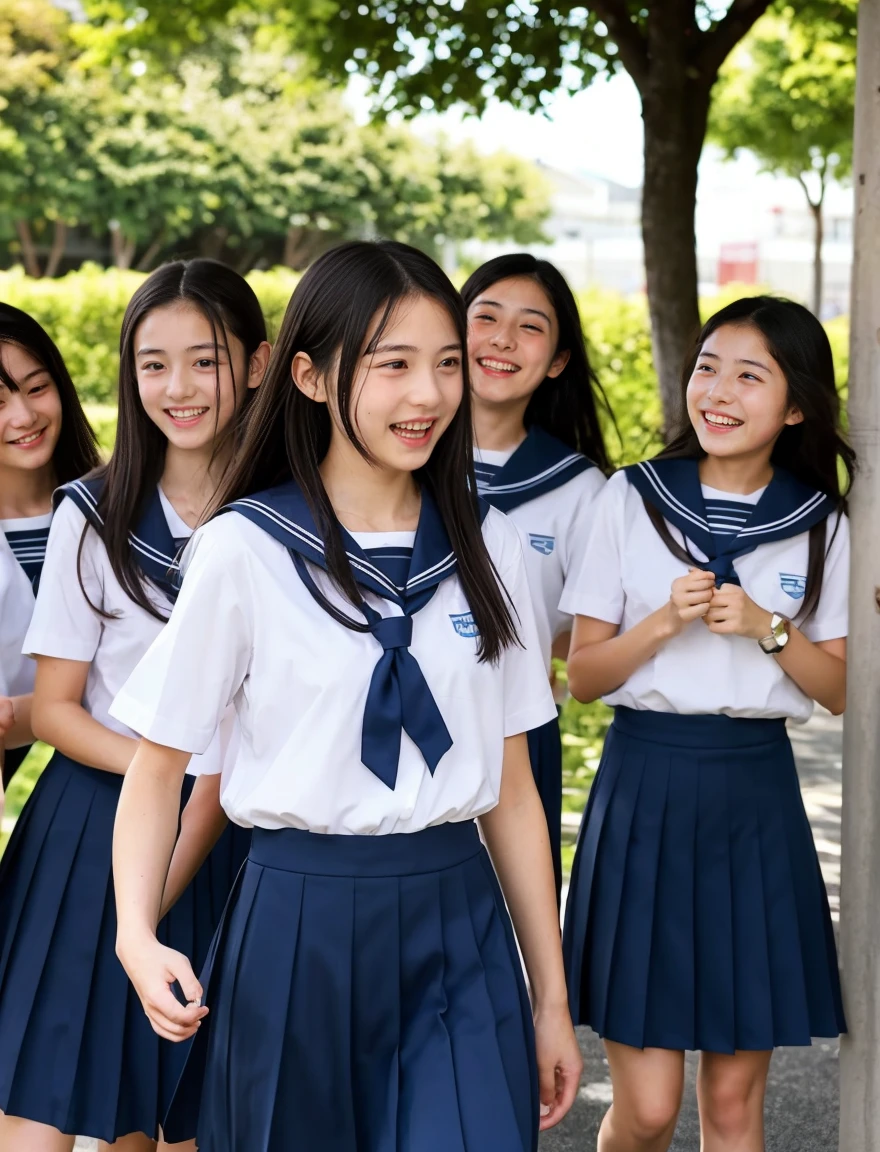japanese school uniform、high school girl、a look full of compassion、18-year-old、7 head and body、Everyone is good friends、sailor suit、Laugh、Crying、beautiful girl、Spinning、
