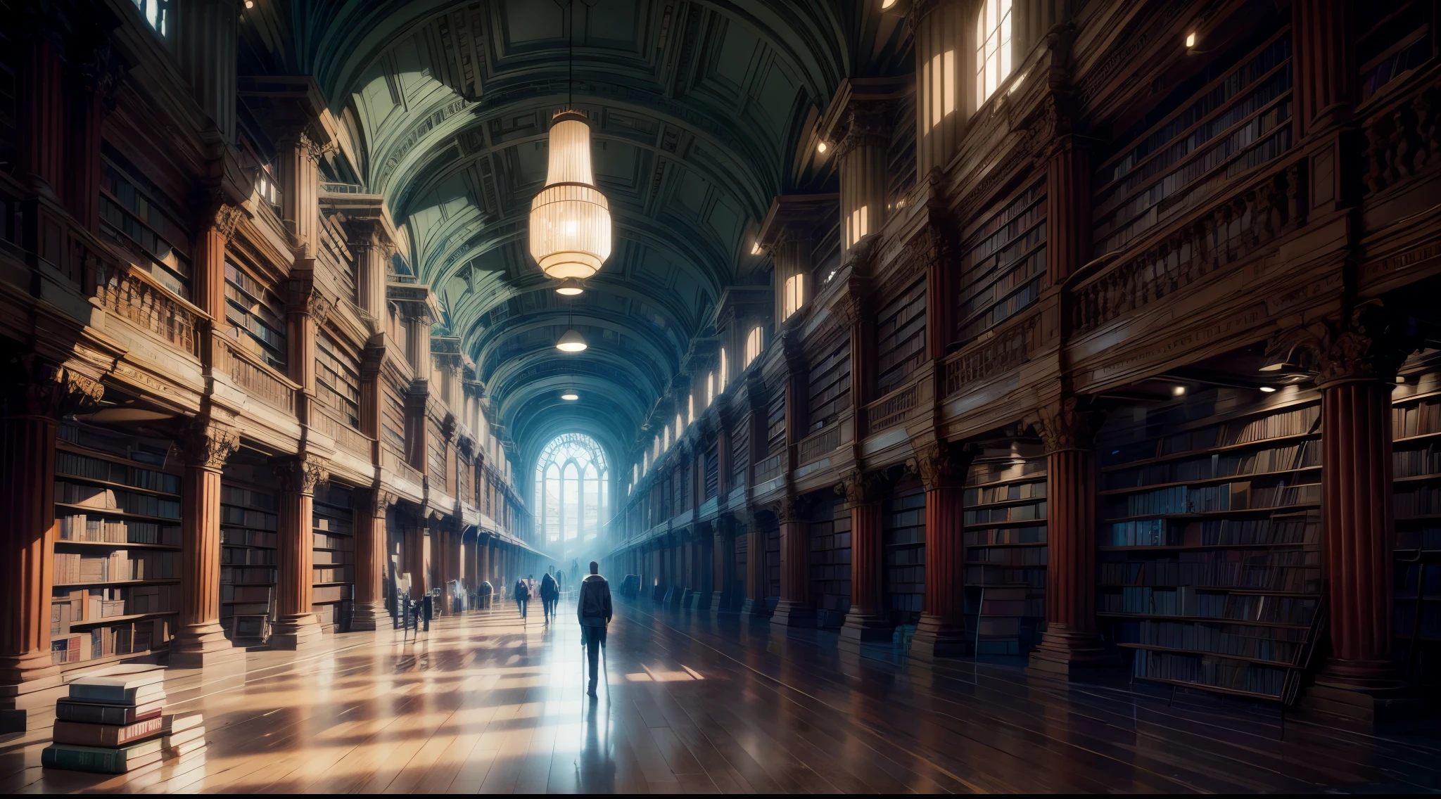 image of a man standing in a library with books, endless books, borne space library artwork, books cave, fantasy book illustration, spiral shelves full of books, infinite celestial library, an eternal library, gothic epic library concept, magic library, japanese sci - fi books art, beeple and jean giraud, books all over the place,

