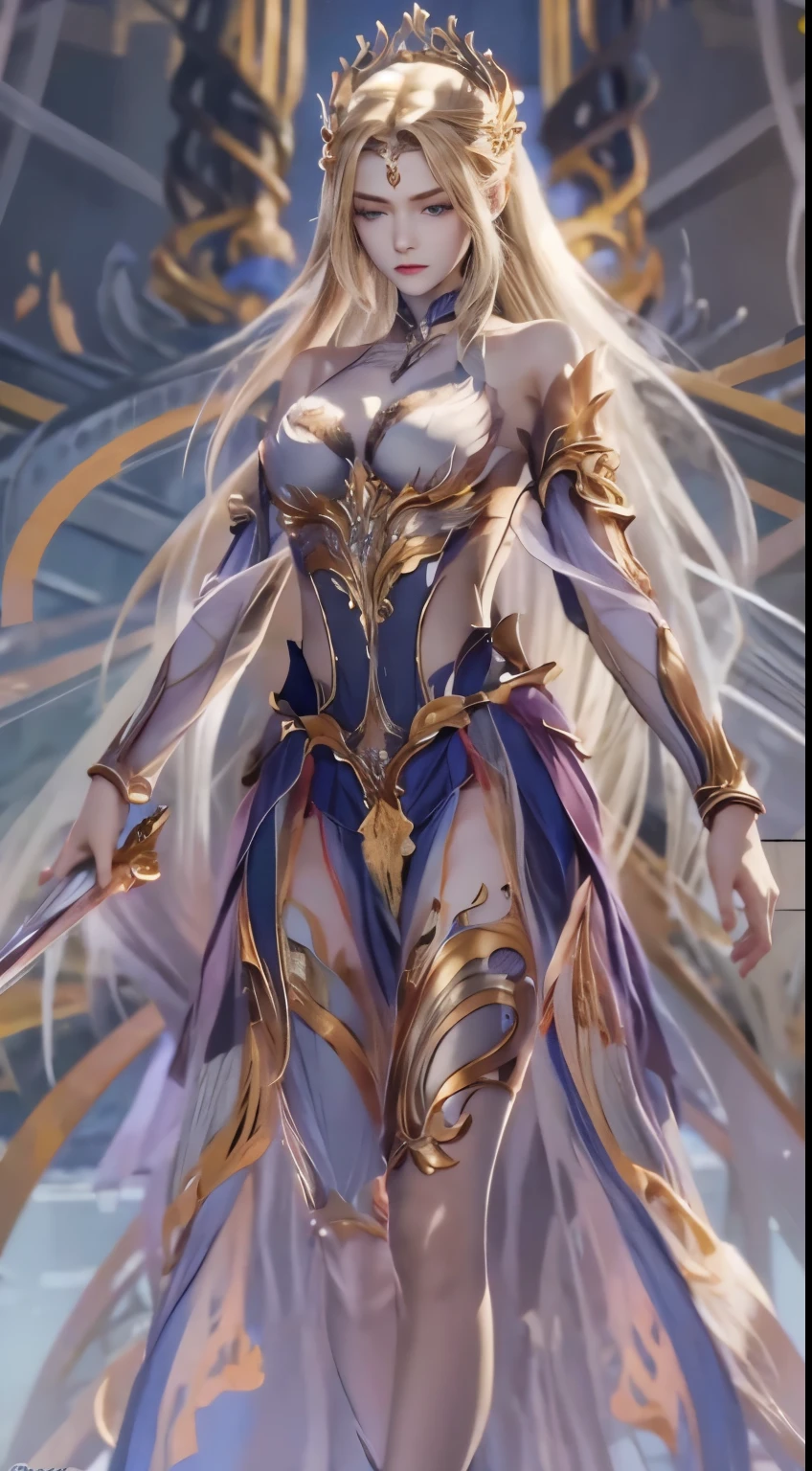 ((high quality)), ((masterpiece)), 8k, Standing on the surface of the sea,Has a pair of big golden wings,protrait photo,Holding a long sword in his hand,huge breasts,Larger breasts,Hollow clothes,transparent clothes,More transparency,amazing breast size,Raised nipples,bareness的乳房,Extensive nudity,More nudity,bareness
