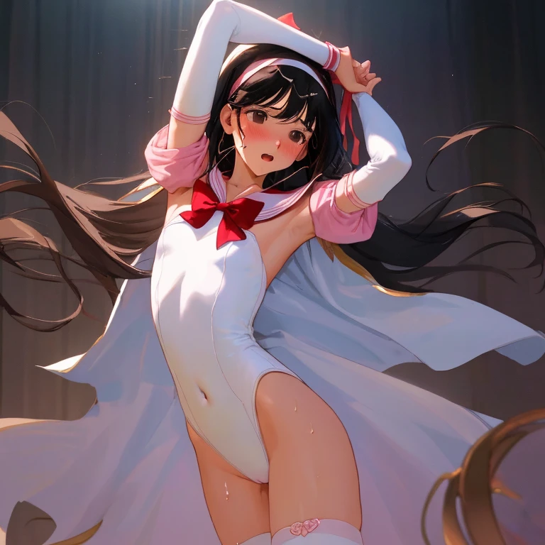 {{{{amazing quality, great quality, high quality, very aesthetic, aesthetic, best quality}}}}, 
realistic, photo, shadow, Three-dimensional, absurdres, Digital art, 
{{{{Magical girl}}}}, beautiful girl, one girl, 
black hair, long hair, straight hair, trimmed hair, shiny hair, blunt bangs, short sideburns, 
brown eyes, tareme, 
{{flat chest}}, {{small breasts}}, {{detailed body}}, slim thighs, thin thighs, 
{{white leotard}, {leotard peek}}, {{pink sailor collar}}, {{pink elbow_gloves}}, {{red boots}}, 
ribbon trim, red bow tie, heart brooch, thigh strap, white headband, white circlet, white cloak, 
{{both shoulders expose}}, {{covered navel}}, 
{{magic circle}}, distress, resistance, defeat, sexual pleasure, troubled face, 
orgasm, sensitive body, Sweat, trembling, 1girl, arms up, 5boy, grabbing another's breast, 