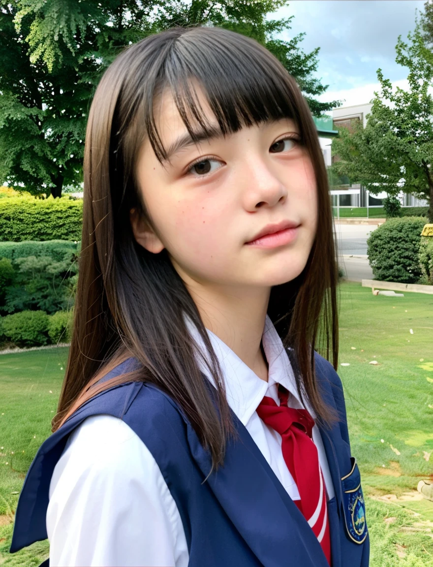 japanese school uniform、high school girl、Bruising and ugly expression、、7 head and body、Maybe we're all good friends、With bangs、
