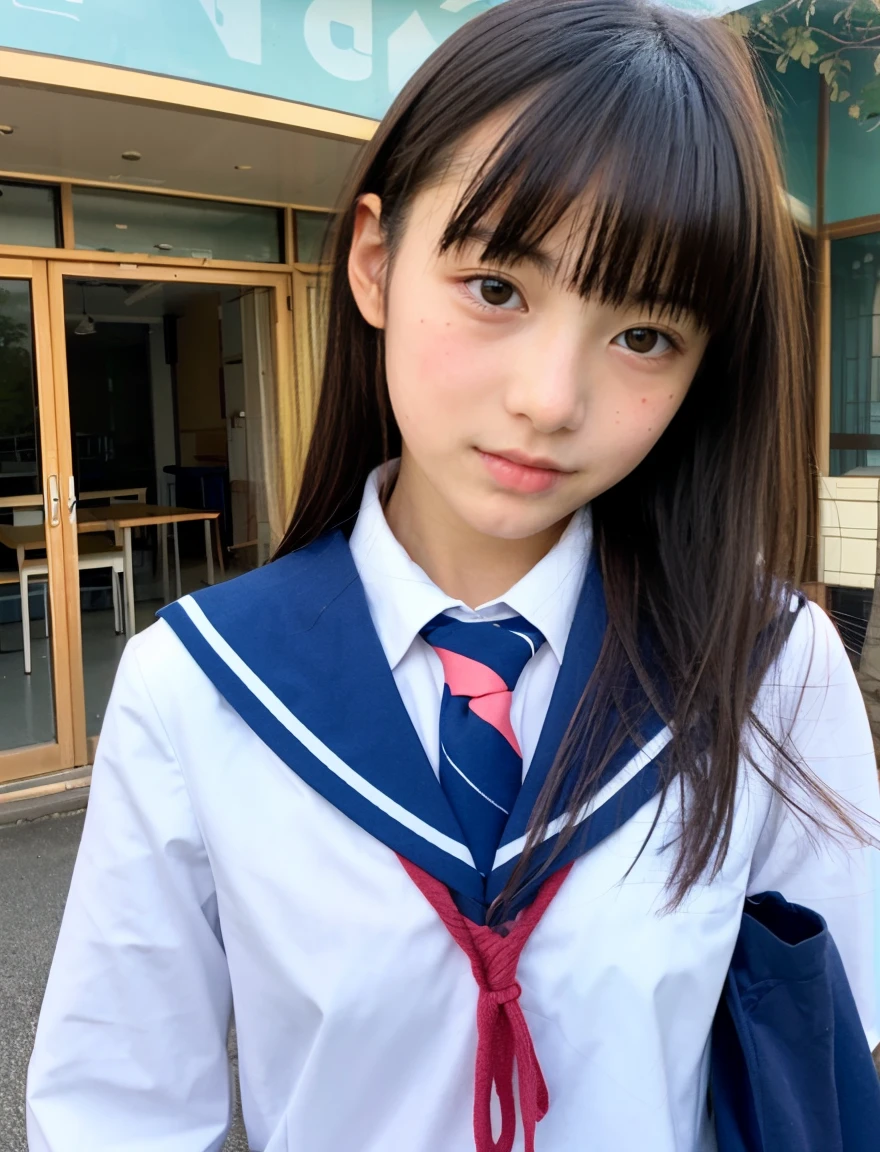 japanese school uniform、high school girl、Bruising and ugly expression、、7 head and body、Maybe we're all good friends、With bangs、