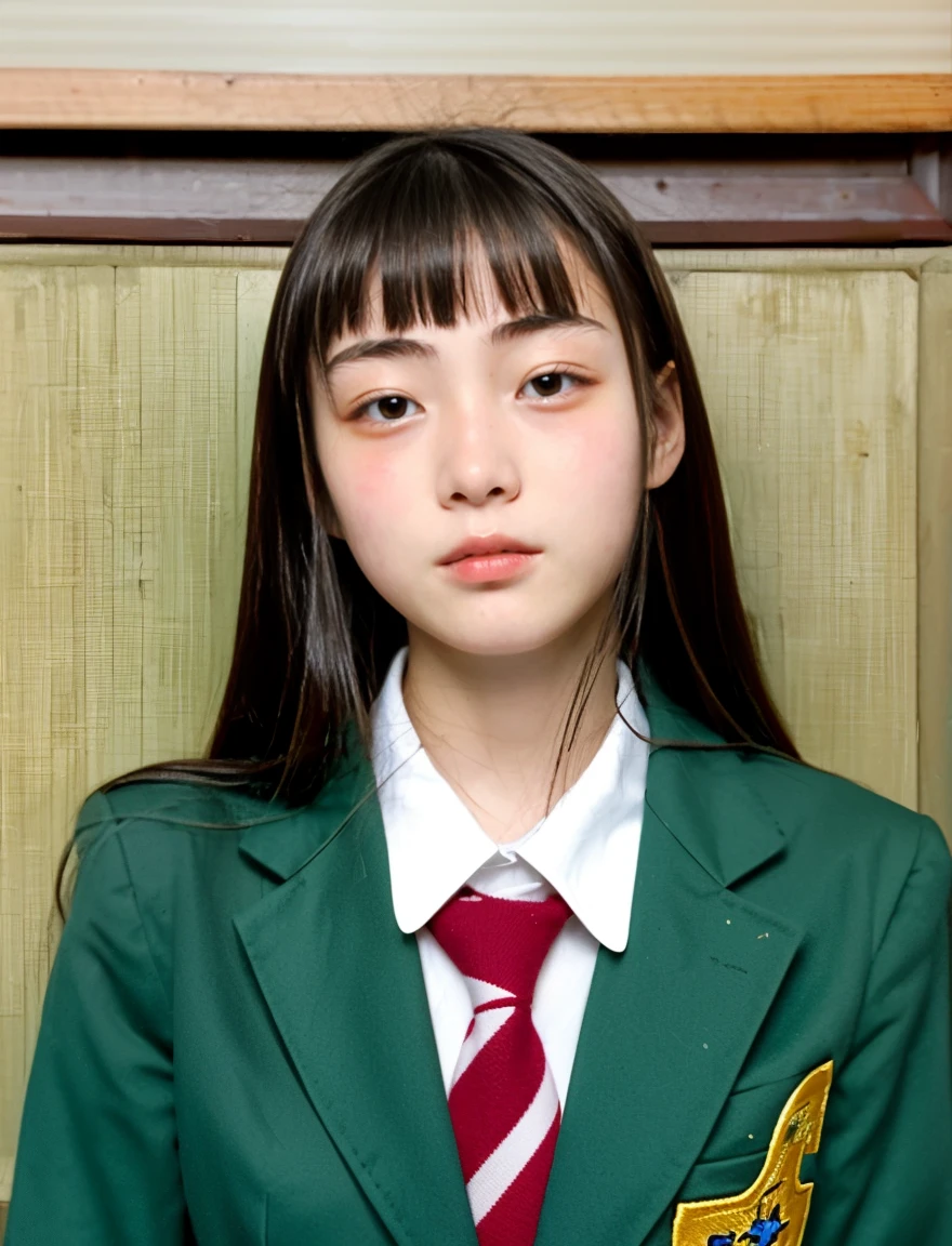 japanese school uniform、high school girl、Bruising and ugly expression、17 years old、7 head and body、Maybe we're all good friends、With bangs、