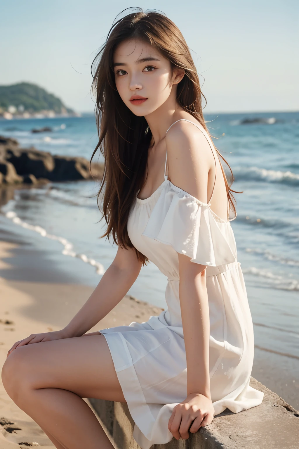 (((best quality))),(((very detailed))),(((masterpiece))),illustration,1 girl, alone,slim,flat chest,watching the sunrise, Coast,soft light, tranquil atmosphere,medium straight hair, sparkling blue eyes, fair skin, White dress, seashell pattern, sandal, cliff edge, blue, waves crashing, Seagulls soar, camera in hand, happy expression, Warm sunshine, Celestial Beings, peaceful environment,upper body,in front
