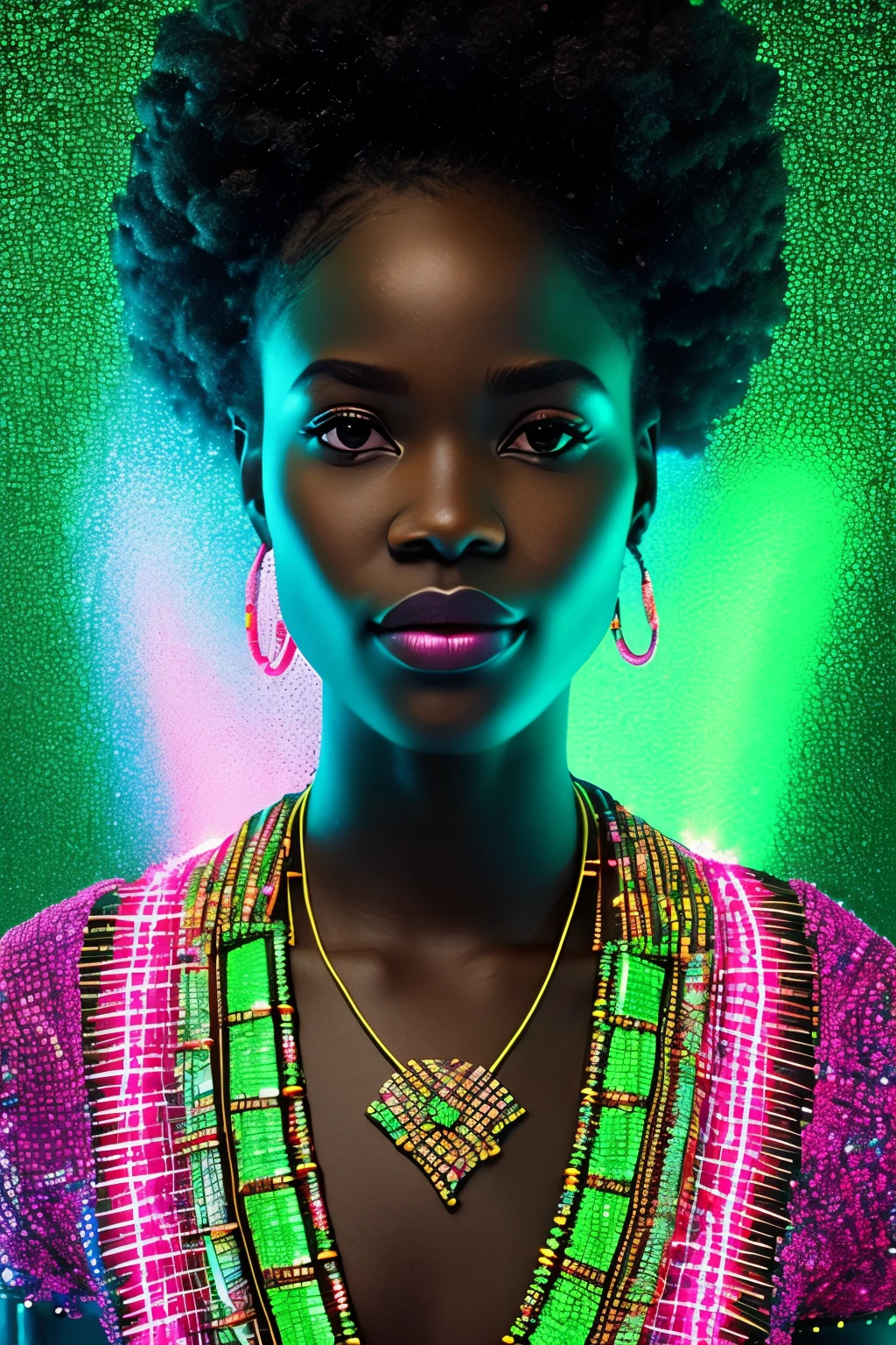 A captivating close-up shot of a black woman, adorned with African-inspired marks glistening in the neon lights, cascades water from her body. She wears vibrant African-designed clothes, adorned with intricate beadwork, and her hair is styled in the traditional Eembuvi fashion. The background bursts with energy, illuminated by neon lights that reflect off exploding crystals of radiant green and pink hues. This highly-realistic image showcases the woman's very detailed facial features, with lifelike textures that bring out the depth and dimension of her features. The cinematic scene is further emphasized through an