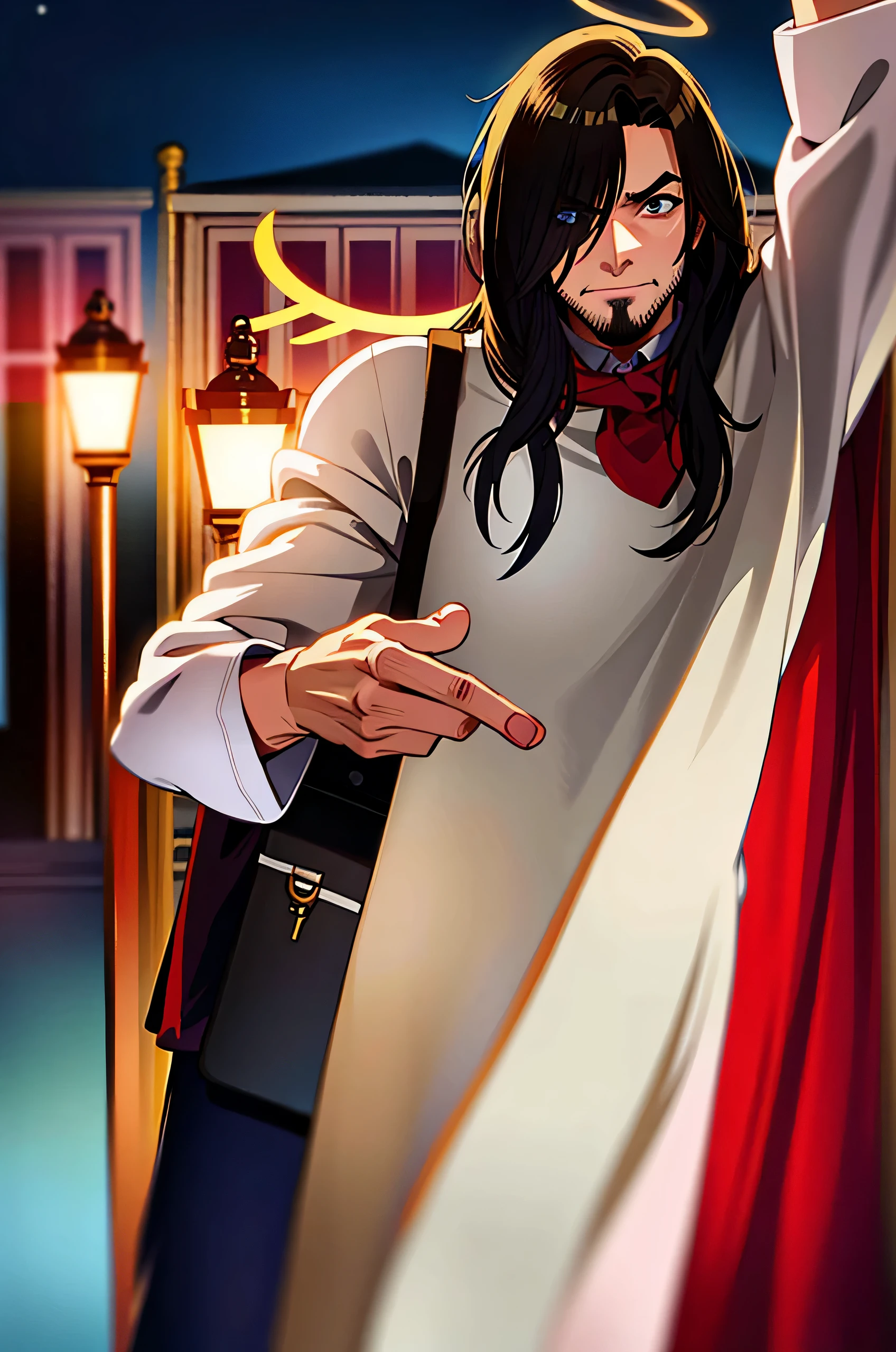 Jesus Christ, masterpiece, best quality, absurdness, 1man, looking at viewer, standing, outdoors, night, righteous scowl, halo, pointing at you