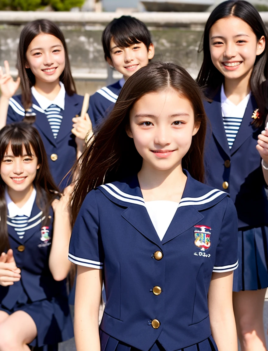 japanese school uniform、high school girl、a look full of compassion、18-year-old、7 head and body、Everyone is good friends、sailor suit、beautiful girl、dance、