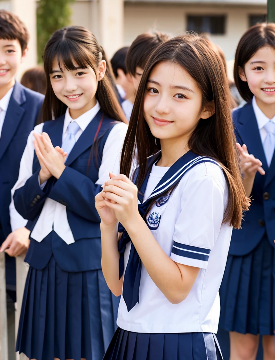 japanese school uniform、high school girl、a look full of compassion、18-year-old、7 head and body、Everyone is good friends、sailor suit、beautiful girl、dance、