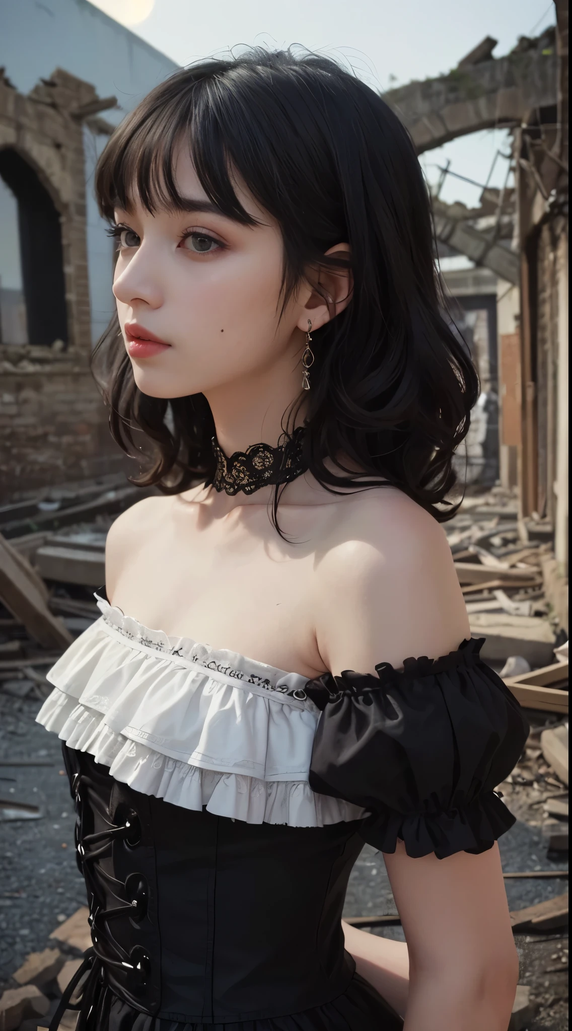 (((Very super Masterpiece, Very super top quality, Very super ultra-detailed: 1.5)), (((One very pretty girl, 14 years old))), 
((Very super detailed face: 1.4)), small thin nose, small thin-lipped mouth,
((Very super sharp focused eyes: 1.3)), very large slit precision pale grey eyes,
sparkling like jewels. very very short bob cut black hair, curled with intricate ringlets, ((thick bangs: 1.1)), ((Steampunk fashion: 0.8)), ((Gothic Lolita fashion with lots of lace and frills: 0.8)), (((Ruins of a very dark night))).