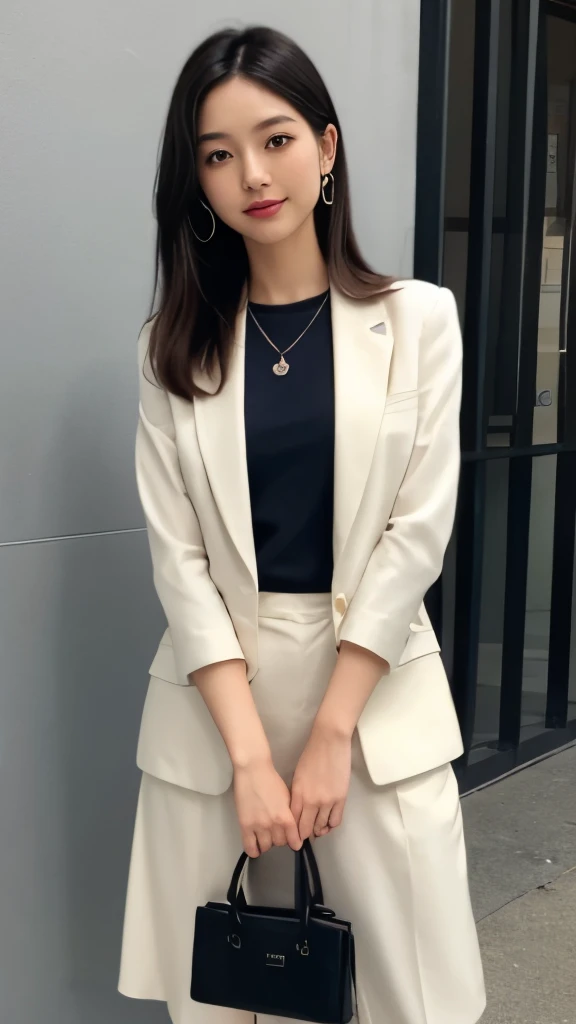 Portrait of a 27-year-old Japanese woman, with a professional and friendly demeanor. Her style is a mix of business casual and smart casual, reflecting her dual roles as an office worker and a part-time worker at an izakaya. Imagine her with a neat, medium-length hairstyle that frames her face gently, perhaps with subtle highlights that give off a soft, approachable vibe. Her makeup is minimal but impeccable, enhancing her natural features.
For her outfit, think of a tailored white blouse with a modest, elegant neckline, tucked into a pair of high-waisted, ankle-length slacks in a light grey or charcoal color that elongates her silhouette. Over the blouse, she wears a fitted blazer in navy blue, which she might drape over her shoulders for a touch of sophistication. Her shoes are practical yet stylish, like a pair of leather loafers or simple heels that are appropriate for the office and comfortable enough for her weekend job.
Accessories should be understated but thoughtful: a delicate silver necklace, small hoop earrings, and a sleek wristwatch that speaks to her punctuality and time management skills. She carries a structured leather tote bag that fits all her essentials, including a small sewing kit that nods to her hobby of handcrafting, perhaps adorned with a homemade charm or keychain.