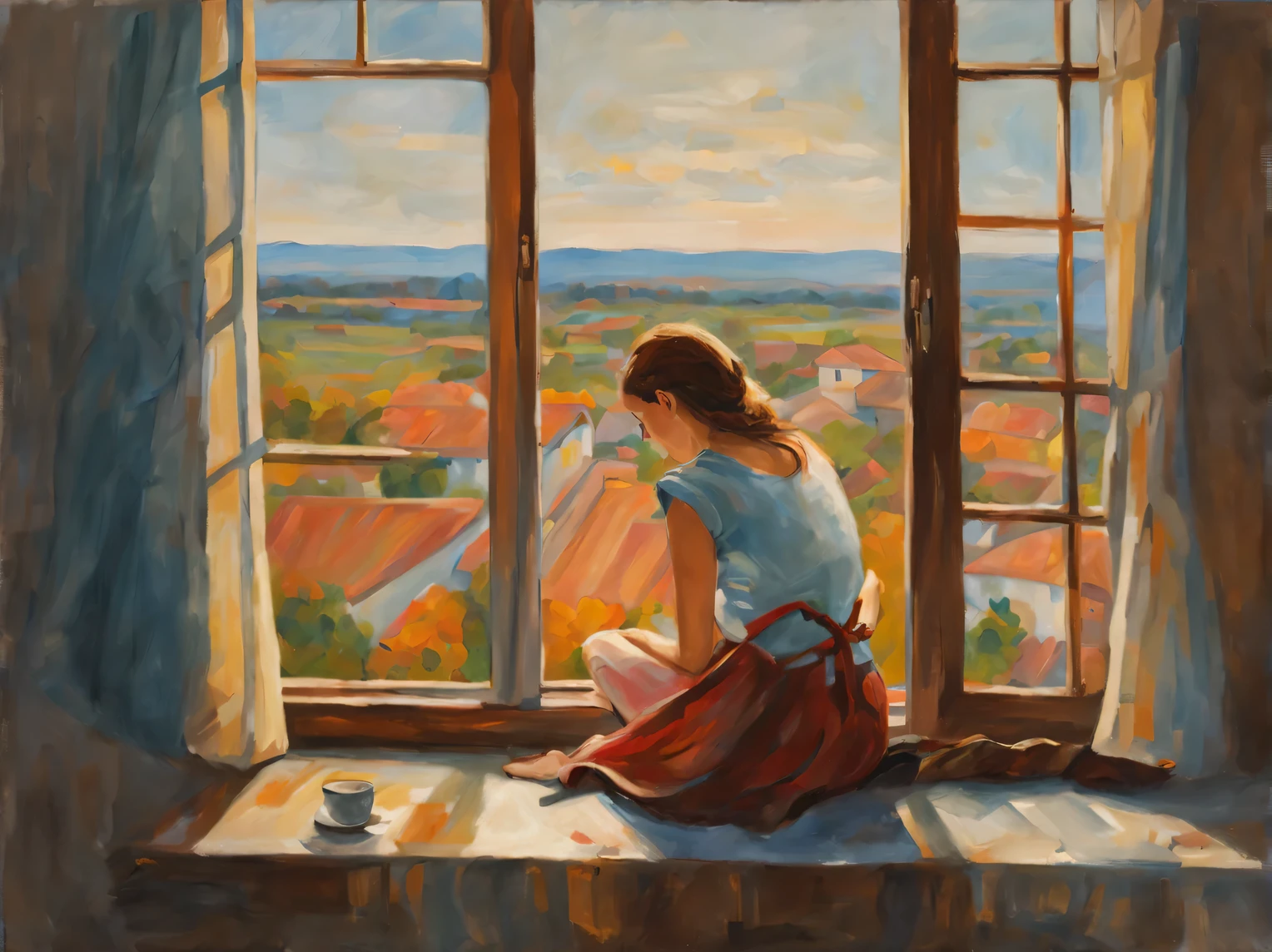 A girl sits on the windowsill near an open window, with his head on his knees., You can see the road through the open window, going to the horizon, girl waiting on the windowsill, drawing, oil, canvas