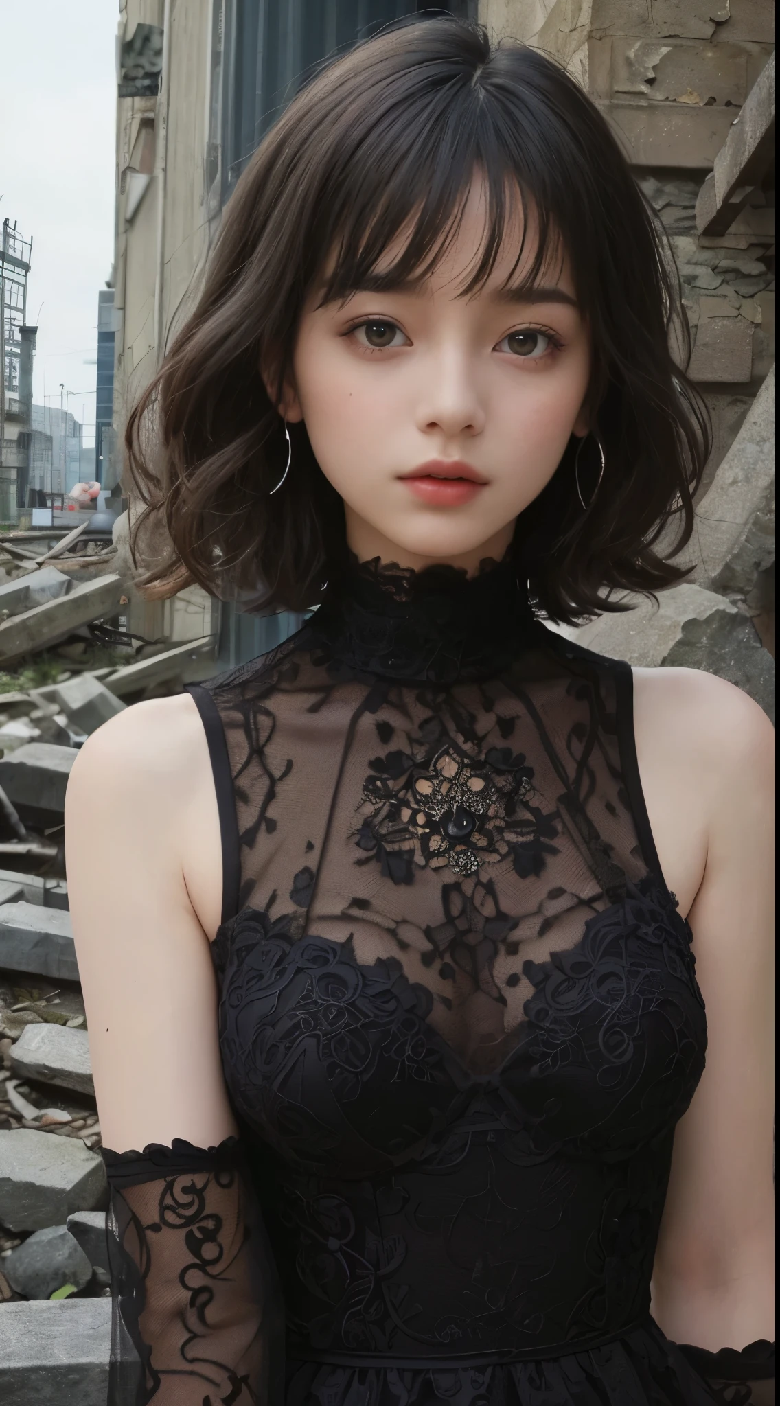 (8k, RAW photos, top quality, masterpiece: 1.2), ultra detailed, super resolution, (real, real photos: 1.37), portraits, high definition RAW color photos, professional photos, very detailed and beautiful, highly detailed, 8k wallpapers, amazing details, huge file size, official art, highly detailed CG Unity 8k wallpapers, highly detailed beautiful girls, highly detailed faces, Highly Detailed Eyes, Highly Detailed Skin, Highly Detailed Fingers, Very Detailed Nose, Highly Detailed Detailed Mouth, Perfect Anatomy, Detailed Background, Detailed Clothes, One Girl, (20:1.2), 20s, Cute Girl, Realistic Body, Petite, White Skin, Radiant Skin, Slim Body, Black Hair, Short Hair, (Blunt Bangs: 1.2), Cute, Youthful, Pretty Face, Realistic Face, Delicate Eyes, Sale Eyes, ( (Fashionable winter clothes)), ((Up)), ((((Short hair)))), Earrings, Looking at the camera, Cowboy shot, Facing Front, Standing Posture, Contrapposto, Dynamic Lighting, C Cup Breasts,