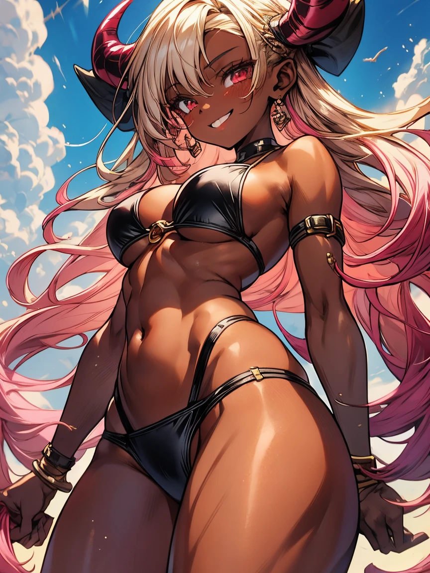 1girl, solo, best quality, 4k, masterpiece, best quality, demon, best quality, beautiful face with a smirk, dark brown skin, small waist, fat ass, big breasts, blonde hair with pink highlights, leather bikini
