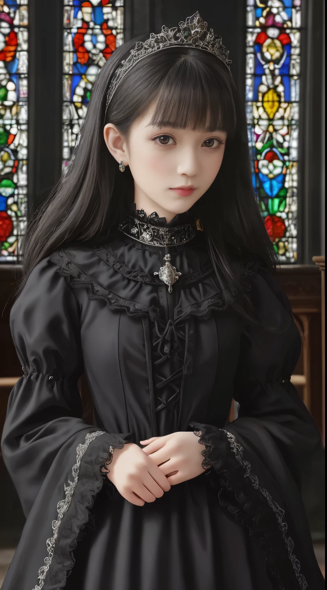 (((hyper-realistic from Close-up portraits))), (((super Masterpiece))), (((super Realism Photo))), (((A dark room in a very overdecorated Gothic church, Very beautiful stained glass windows))), very pretty and lovely Japanese woman, 14 years old, off-the-shoulder, (((very very very short bob with bangs))), (((black hair))), (((Large slit very big eyes))), (((moist eyes reflecting the light))), (((Very ornate gothic lolita fashion with lots and lots of platinum embroidery))), (((Very delicate and overdecorated little tiaras with so many jewels))), shiny black outfit decorated with many jewels and many classical patterns embroidered, long eyelashes, thin nose, small mouth, glossy beige lips, thin chin, clear healthy white glossy skin, slender body.