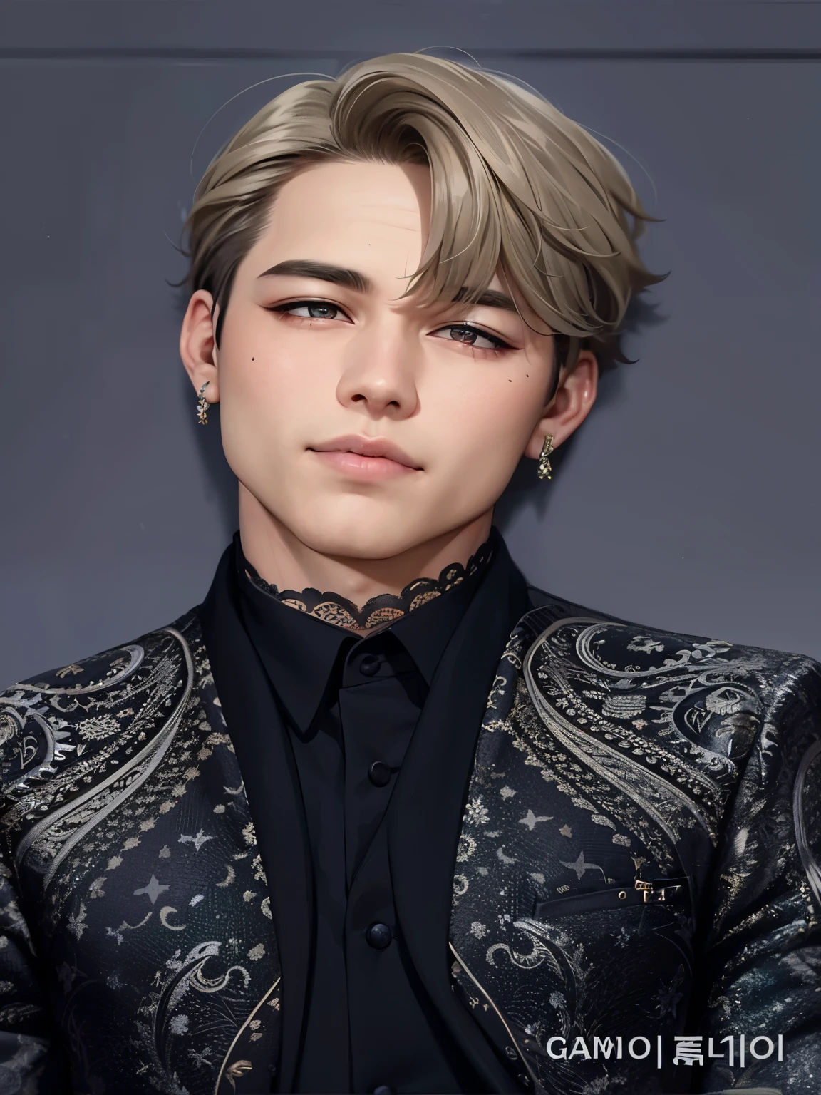 a close up of a person wearing a suit and tie, jimin, park jimin, jimin\'s plump lips, jimin\'s right eyelid swollen, jimin\'s grecian nose, accurate jimin face, with same hairstyle, taken in the early 2020s, he has dark grey hairs, portrait of kpop idol, portrait of jossi of blackpink