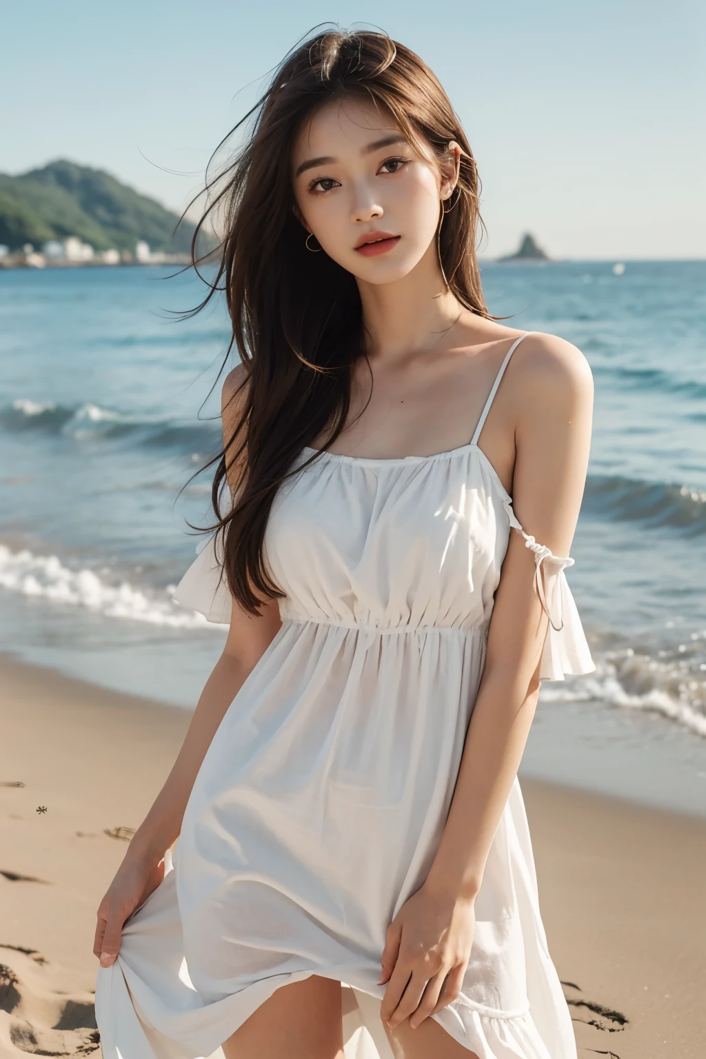 best quality,masterpiece,ultra high resolution,(realism:1.4),original photo,1 girl,take off shoulders,long white hair,face highlight,seaside,tide,pure,girly,18 years old,spaghetti strap dress,Silk texture,full