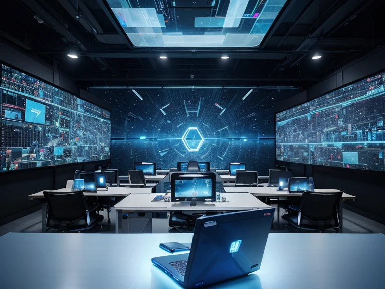 /imagine prompt: several laptops on a multidimensional electric blue cube, integrating with technology, endless collaboration with ai, in a open-space working space, photo animate, working in an office, on a vibrant background, business surrounding, connectivity, multi-dimensional, digitally enhanced, full image, cyber art, abstract art
