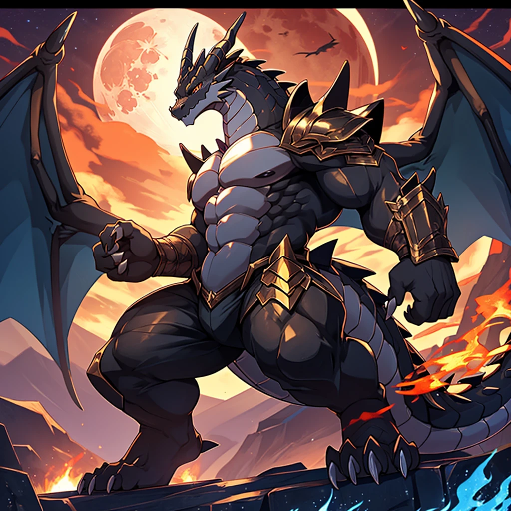 (The violent and powerful Black Dragon King，Wearing modern black and gold armor：200)，Strong build的龙形恶魔，(Broad dragon body，majestic wingspan，Sharp dragon claws，thick dragon tail，The huge black dragon king，Huge dragon claws：2)，Strong build，(blue flames：2)，Dragon legs apart，blood moon，huge mount，full body picture，Very detailed，4K HD