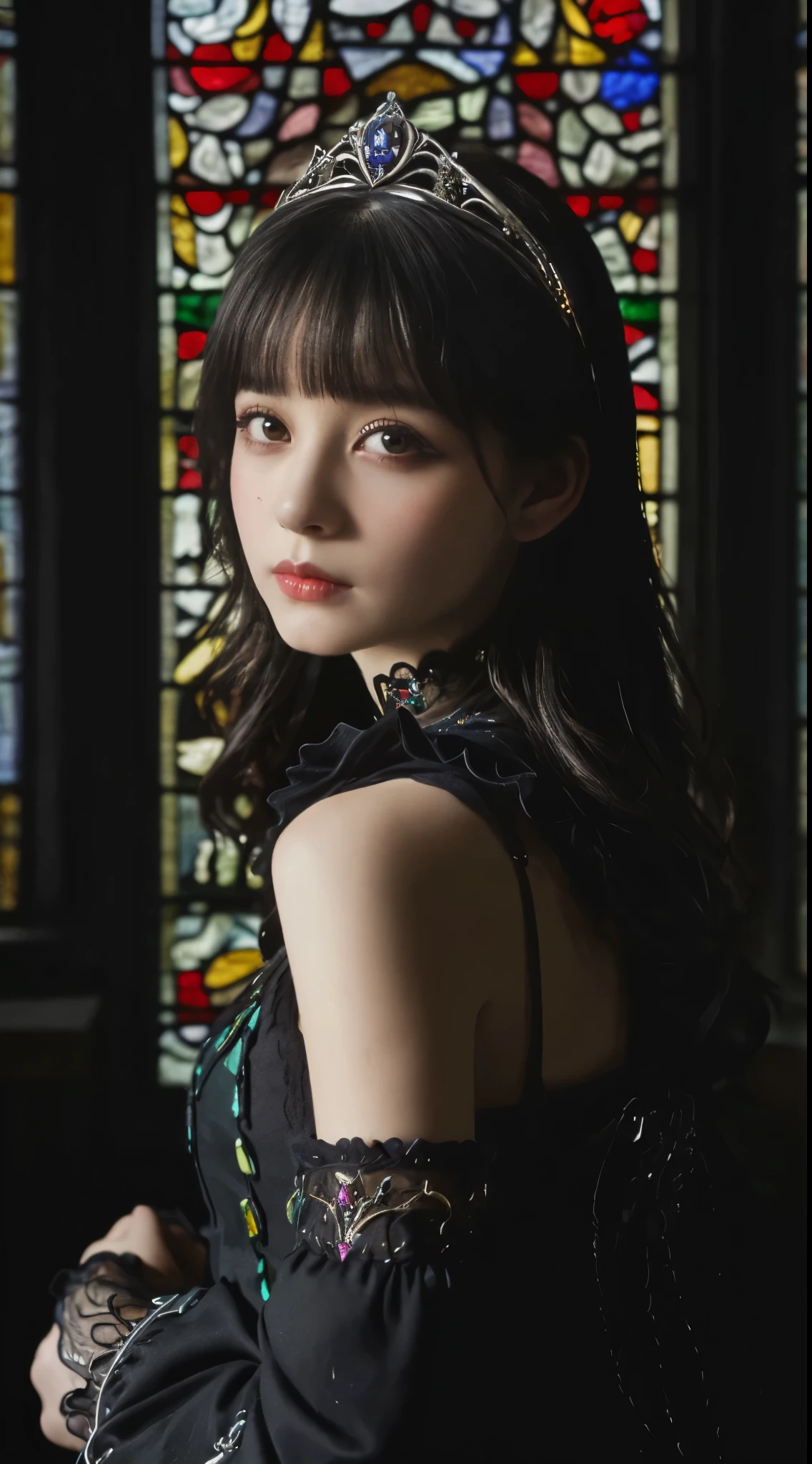 (((very hyper-realistic from Close-up portraits))), (((very super Masterpiece))), (((very super Realism Photo))), (((A dark room in a very very overdecorated Gothic church, Very beautiful stained glass windows))), very very pretty and lovely Japanese woman, 14 years old, off-the-shoulder, (((very very very short bob with bangs))), (((black hair))), (((Large slit very very very big eyes))), (((moist eyes reflecting the light))), (((Very ornate gothic lolita fashion with lots and lots of platinum embroidery))), (((Very delicate and overdecorated little tiaras with so many jewels))), shiny black outfit decorated with many jewels and many classical patterns embroidered, long eyelashes, thin nose, small mouth, glossy beige lips, thin chin, clear healthy white glossy skin, slender body.