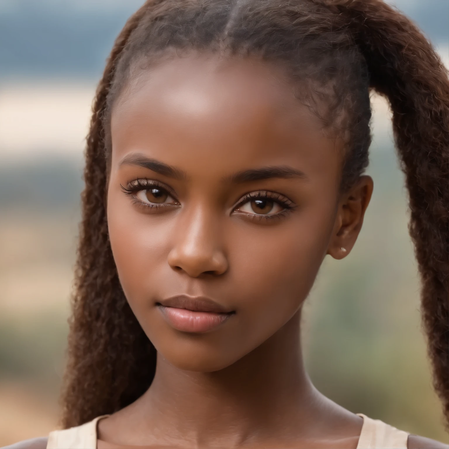 best quality, high detail, (detailed face), detailed eyes,((best quality, masterpiece)), ((2 caramel skinned African girl)), school uniform, (arms at side:1.2), groin,big hip bones, ponytail, black hair, (((undertanding, outdoors, looking at viewer,