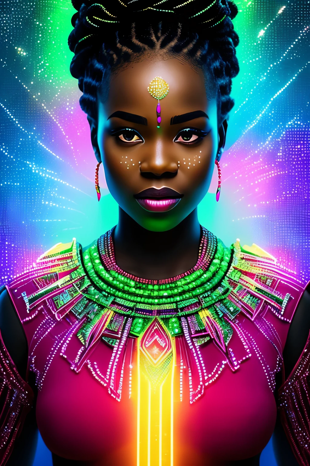 A striking, highly-realistic representation of a black woman in an evocative scene. Dripping water cascades down her figure, framing her toned form, as vibrant neon lights illuminate intricately designed African marks covering her face. Her attire aligns with African tradition, adorned with colorful beads and the iconic Bantu knots hairstyle. The background bursts with energy, displaying neon-lit green and pink exploding crystals, adding an ethereal element. Her features are exquisitely detailed, every curve and line captured in cinematic precision, reminiscent of the Artgerm style. This mesmerizing image is rendered