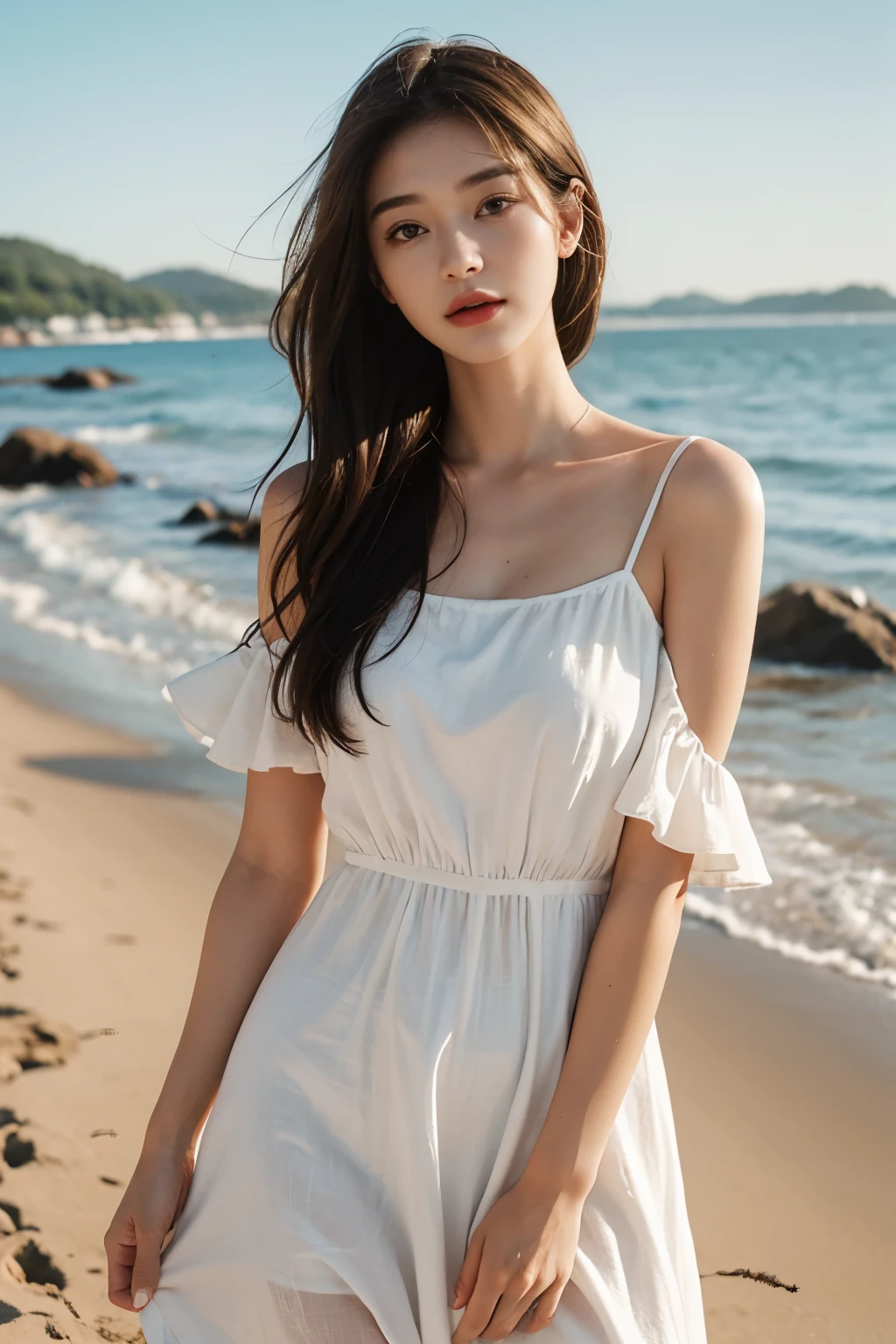 ((best quality, 8 thousand, masterpiece:1.3)), Concentrate upon: 1.2, bee waist, perfect body beauty: 1.4, ((Layered Haircut:1.2)), (Beach,Beach에 있는 칵테일바:1.3), Bandeau Dress: 1.1, Highly detailed face and skin texture, good eyes, double eyelid, White skin, long hair, (Shut it: 1.3), whole body, I see a big gap, big bust,