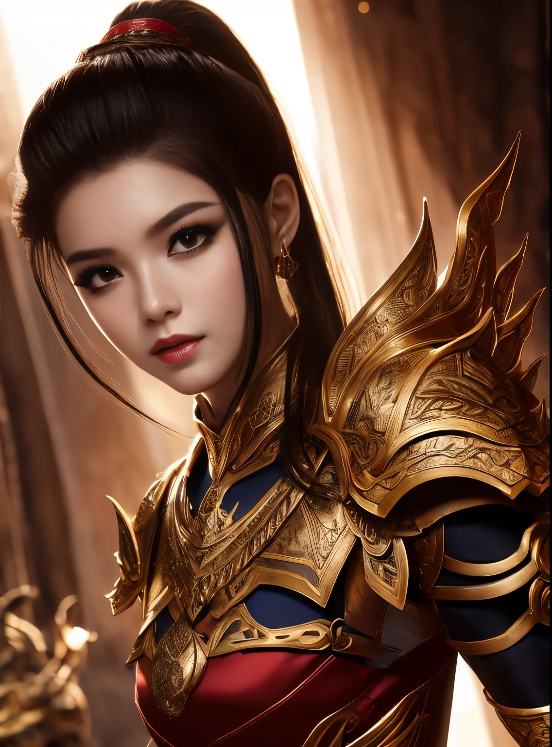 ,1girl,thai armor,masterpiece, best quality,fantasy,dark red,ponytail hair,shadow,
face is important,sexy is important,eyes are important,rThe character is the main body of the work,(upper body),
White background,studio light,eyes on camera