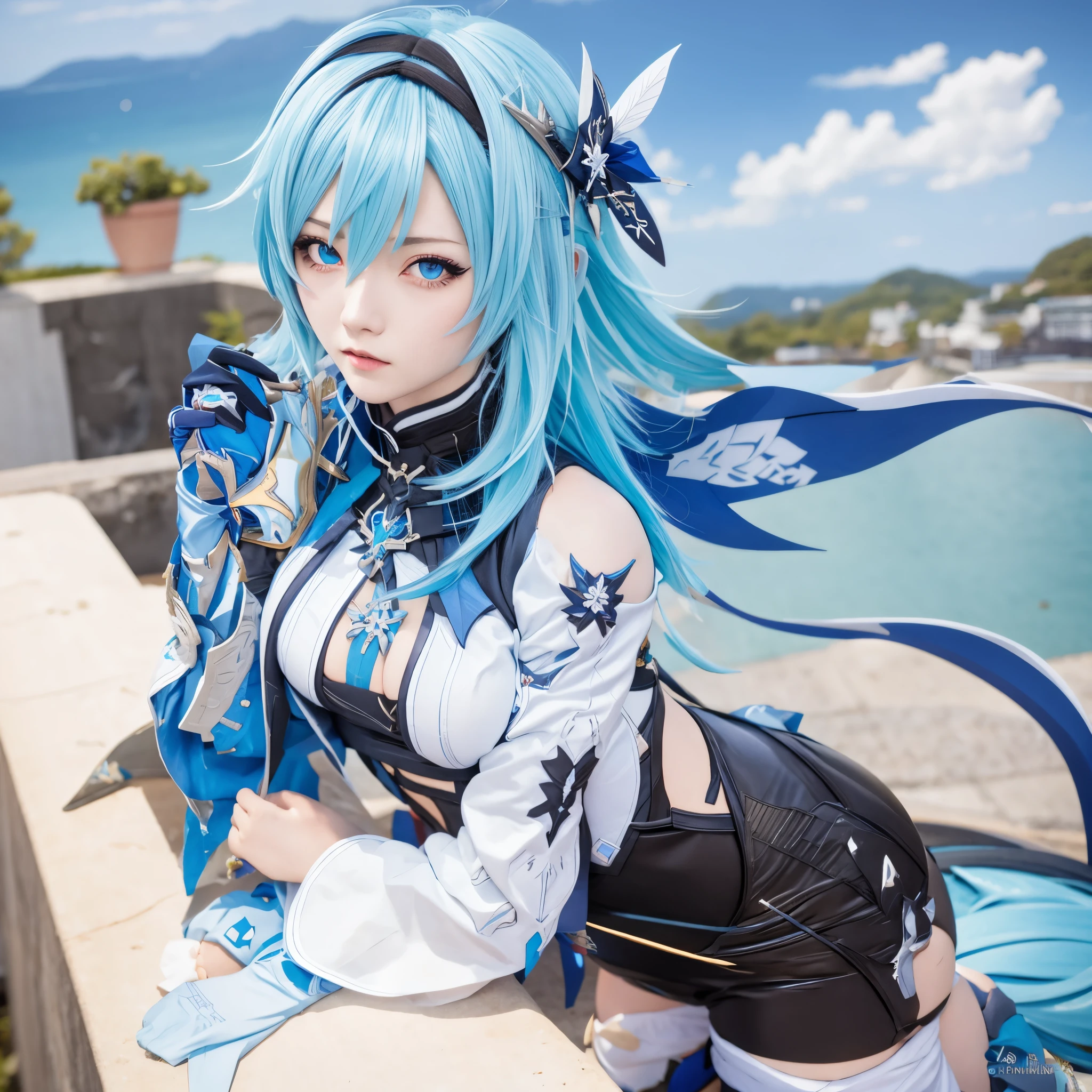 Beauty of a goddess, slim face, light smile, beautiful wan, 1girl, solo, (masterpiece:1.2), best quality, eula, genshin, high detailed, 8K resolution, looking at viewers, eula from genshin impact, outdoor, blue hair, hair ornaments, eula cosplay outfit