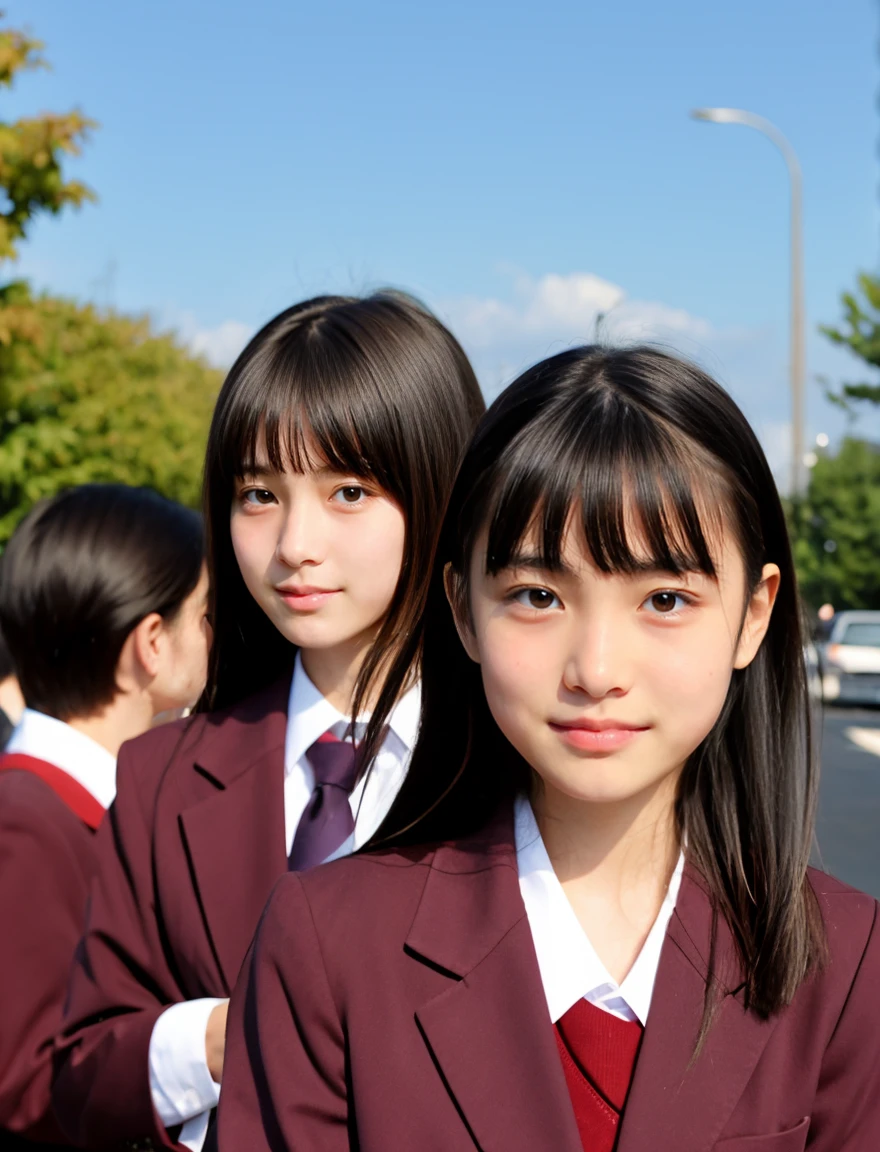 japanese school uniform、Female student、Bruising and ugly expression、15 years old、7 head and body、Everyone is good friends、With bangs、