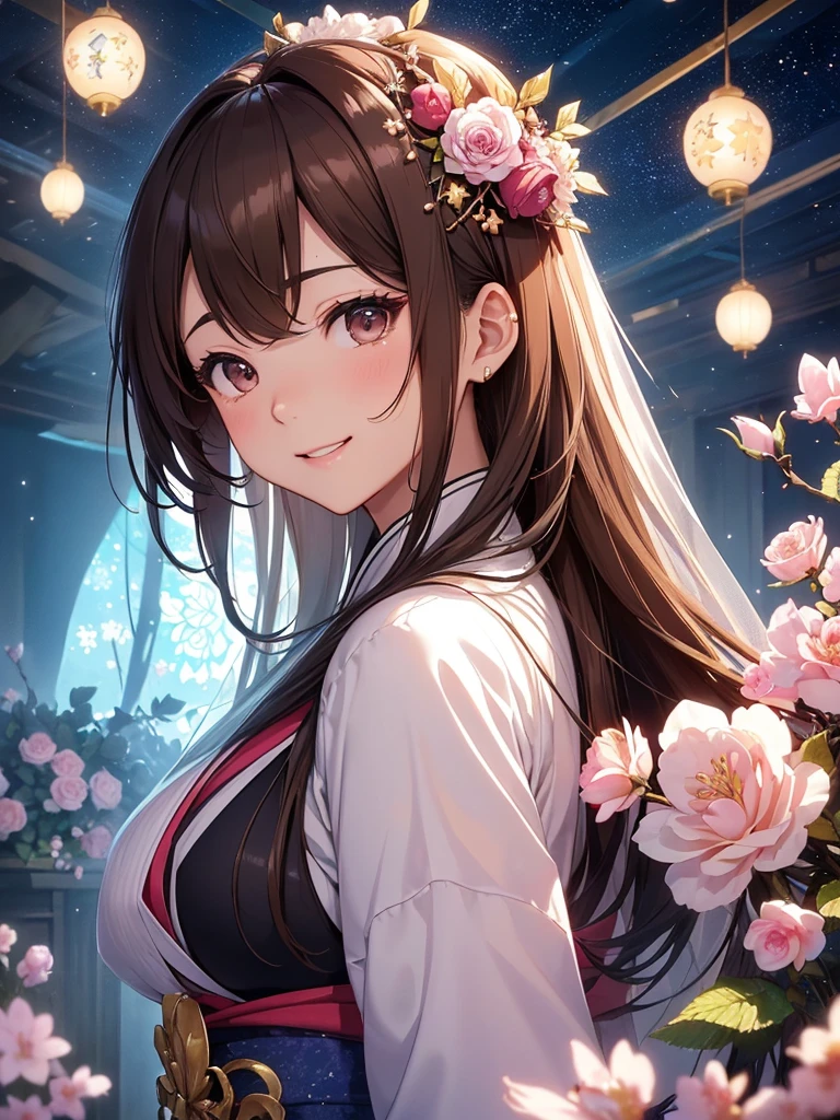 highest quality、Highest image quality、masterpiece、Super beautiful Japanese beauty((22 years old OL big bust、bust 90,beautiful long ironed hair、brown hair、、slender、Close-up、beautiful esbian、Beautiful kanzashi、High quality、beautiful art、background((starry ski)))muste piece、visual art、Depth of bounds written、japanese kimono、flowerの装飾、magic of light、space knight、A happy smile、gentle light、、beautiful skin、ティッカーBeautiful decoration的な、elegant、mystical rosa、 heaven、Beautiful decoration、giant galaxy、Ukiyo-e、golden screen、friendly smile、forest、flower畑、Rose、cherry blossoms、massive trees、Fantastic、many branches and leaves、flower、super REALITY、