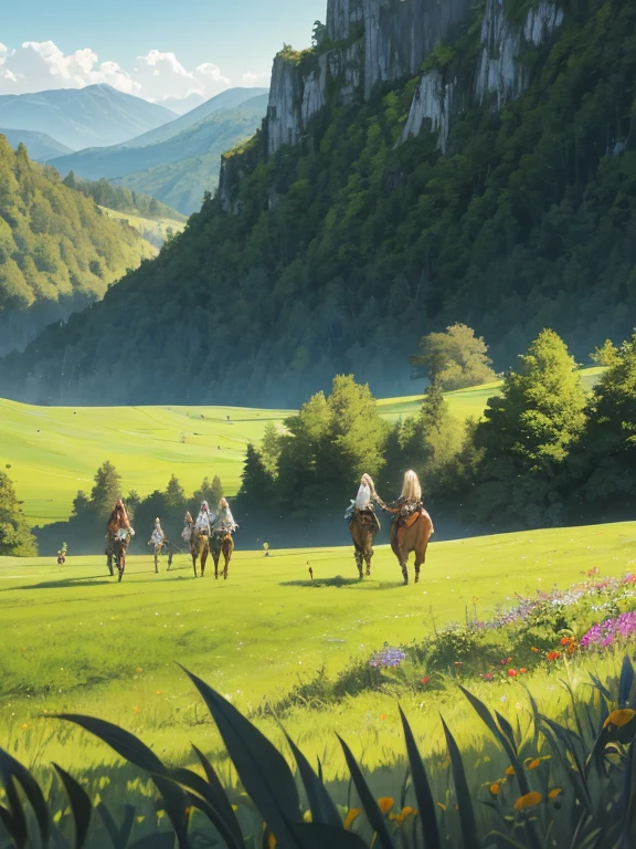 In a green meadow stands a girl leading a group of knights.
BREAK
With a brave expression, she guides them towards their destination.
BREAK
Behind her, a green forest stretches out and beyond that, mountains rise in the distance.
BREAK
The most suitable effect for this scene would be a watercolor painting technique to capture the softness of the meadow and the fluidity of the movement.