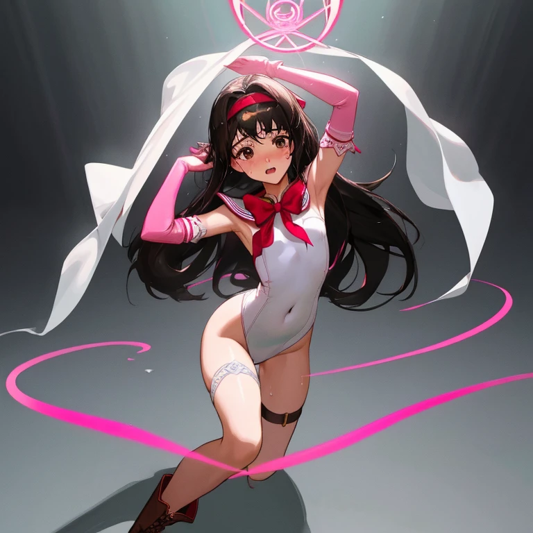 Solo, Full body,  (masutepiece, of the highest quality, Highest Quality, Official art, beautiful aesthetic: 1.2), (1 girl: 1.3), Long hair,  Supreme Detail,　rhythmic gymnastics uniform,small head,Large breasts,nice legs,Wet skin,Sweat,At rhythmic gymnastics venue,from side