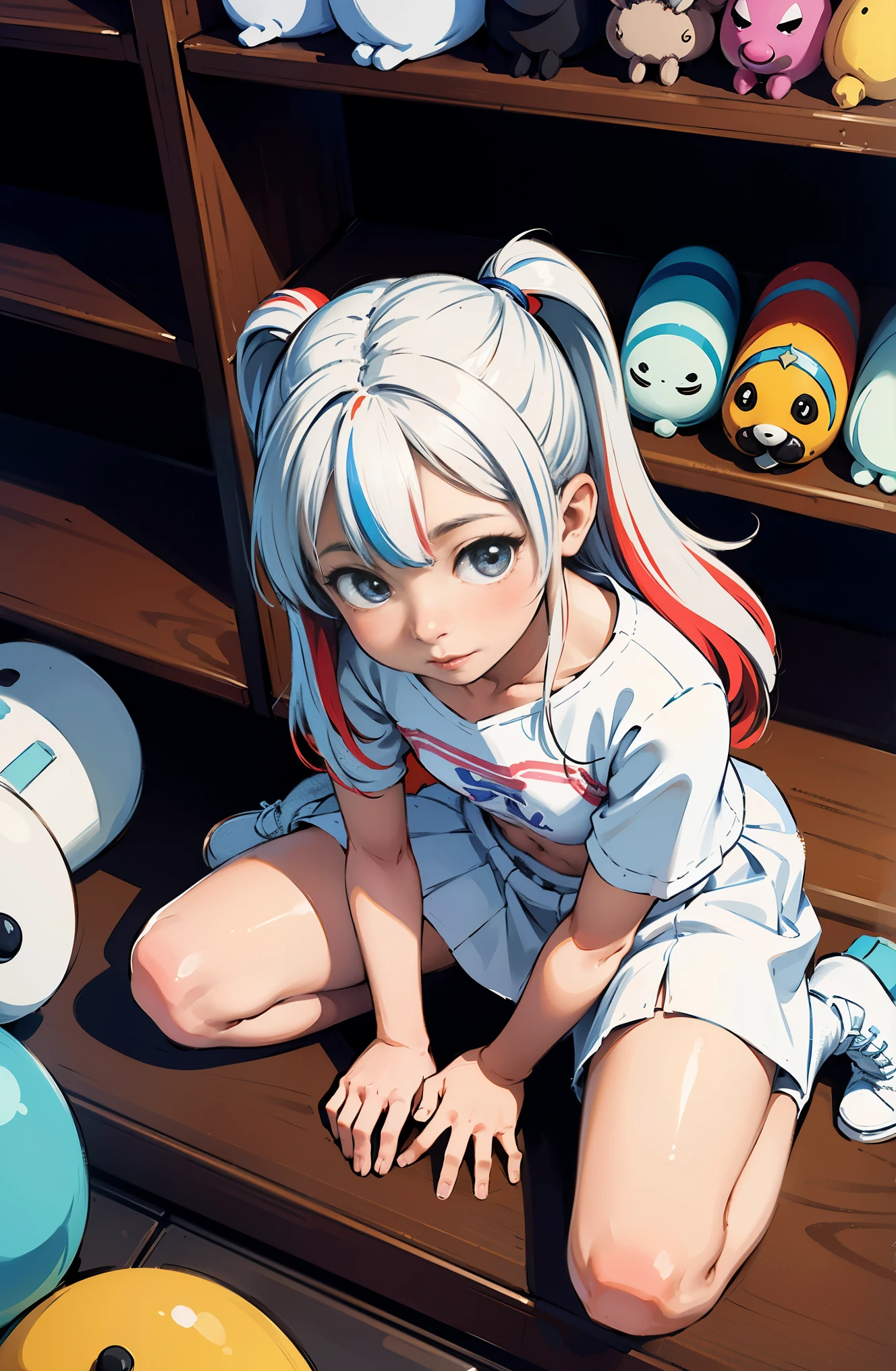 (masterpiece, highest quality), (colorful:1.4), From above, alone, One girl crouching on the ground in a store with a lot of stuffed animals on the shelves, Correct the number of fingers on the hand, infinitely white, Depth of bounds written,whole head,White idol costume,cute,