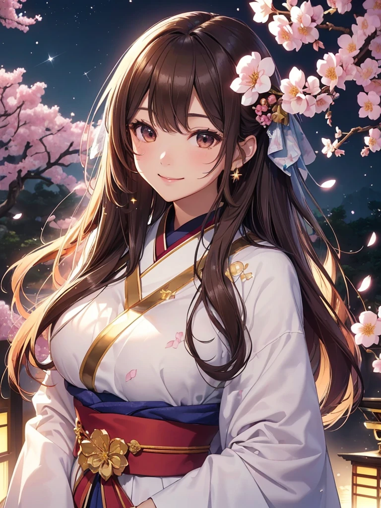highest quality、Highest image quality、masterpiece、Super beautiful Japanese beauty((22 years old OL bust 90,beautiful long ironed hair、brown hair、、slender、Close-up、beautiful esbian、Beautiful kanzashi、High quality、beautiful art、background((starry ski)))muste piece、visual art、Depth of bounds written、japanese kimono、flowerの装飾、magic of light、space knight、A happy smile、gentle light、、beautiful skin、ティッカーBeautiful decoration的な、elegant、mystical rosa、 heaven、Beautiful decoration、giant galaxy、Ukiyo-e、golden screen、Japan style、friendly smile、forest、flower畑、Rose、cherry blossoms、massive trees、Fantastic、many branches and leaves、flower、super REALITY、