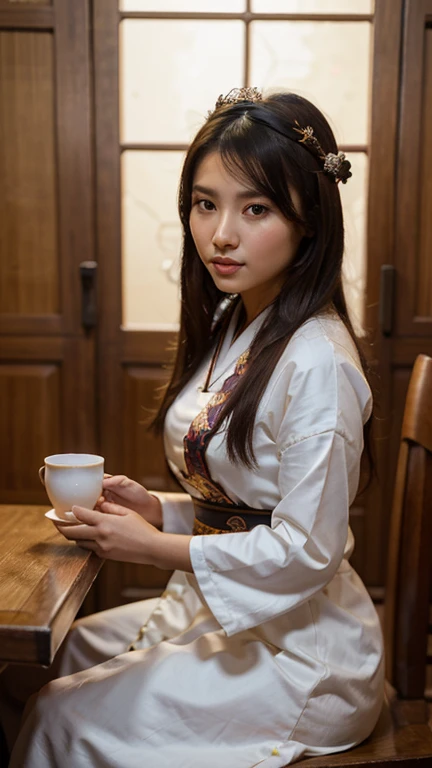A close-up of a woman sitting at a table with a cup of coffee, palacio , Una chica en Hanfu, una mujer joven como genghis khan, hermosa mujer oriental, mujer china, Chinese girl, princesa china, an asian woman, a young asian woman, ancient princesa china, asian woman, vistiendo ropa china antigua, belleza tradicional, young asian woman