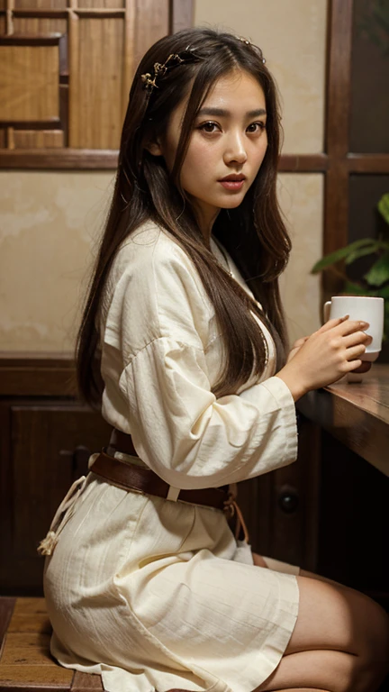 A close-up of a woman sitting at a table with a cup of coffee, palacio , Una chica en Hanfu, una mujer joven como genghis khan, hermosa mujer oriental, mujer china, Chinese girl, princesa china, an asian woman, a young asian woman, ancient princesa china, asian woman, vistiendo ropa china antigua, belleza tradicional, young asian woman