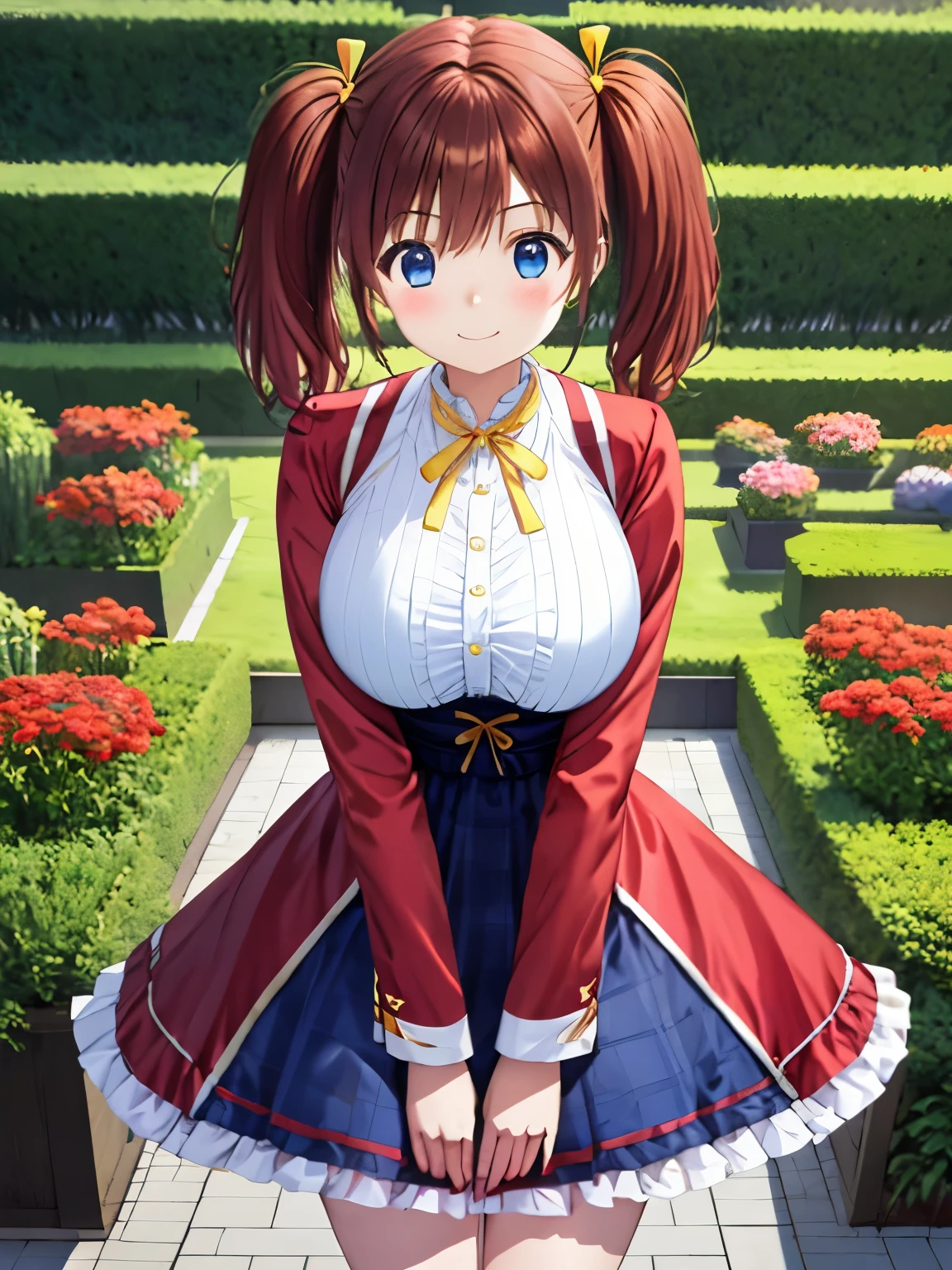 highest quality，High resolution、Tomochika_Dannoura、alone、white shirt、red jacket、red and white clothing、Bronze colored hair、have a lot of hair＿short twin tails、hair with volume、blue eyes、yellow ribbon、closed mouth、garden、Front view、sexy、絶対的な基準をFront view、 ((short twin tails)),big breasts、smile、cowboy shot、Hands on both sides