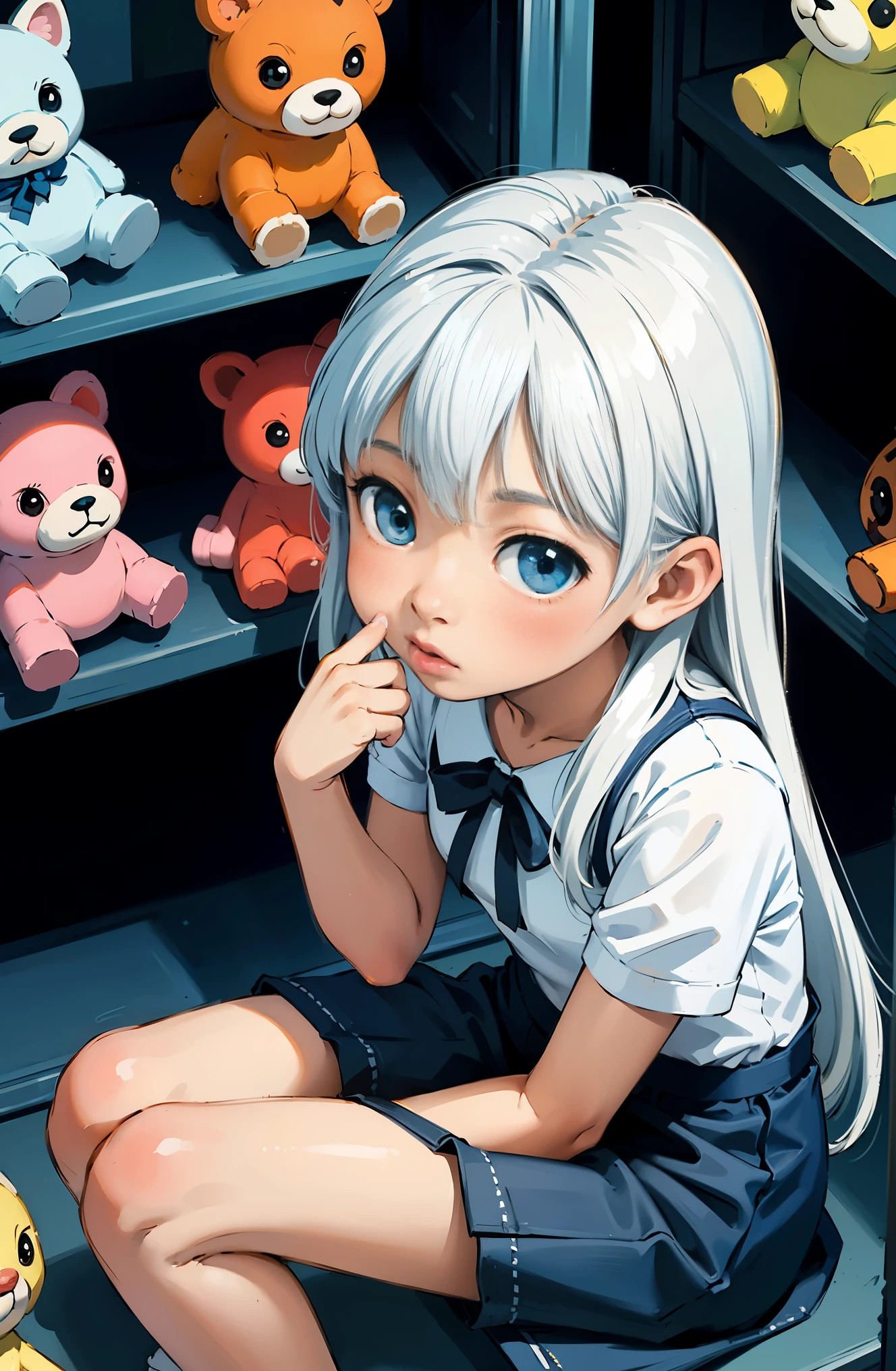 (masterpiece, highest quality), (colorful:1.4), From above, alone, One girl crouching on the ground in a store with a lot of stuffed animals on the shelves, Correct the number of fingers on the hand, infinitely white, Depth of bounds written,whole head,White idol costume,cute,