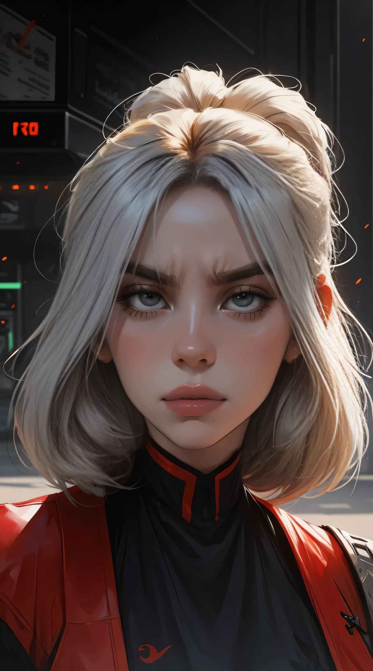 divinity war Science-fiction, futuriste, Paysage de nuit qui passe, Une belle fille avec, UHD Portrait, (High quality) (ultra details) Regarder le spectateur en tenue de ville de style hip-hop; different, colourfull, cheveux blanc longs 🌈, facial expression is angry
