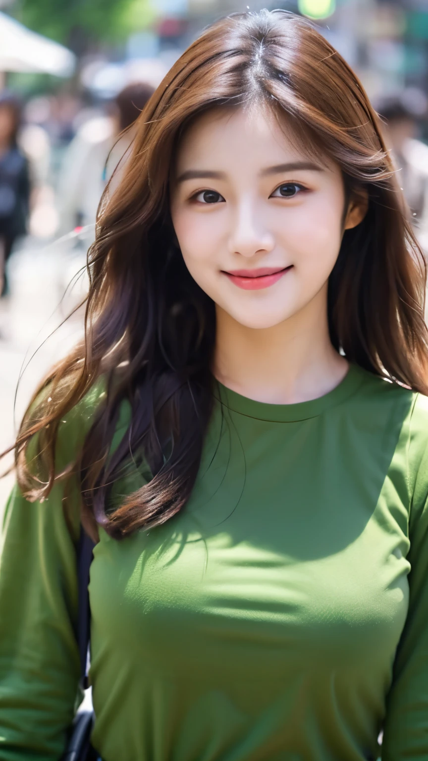 UHD, Extreme close-up of cute Korean female,Chest size 32 inches, wavy hair, slightly smile, wearing green long sleeves shirt, walking on the street, blurred background