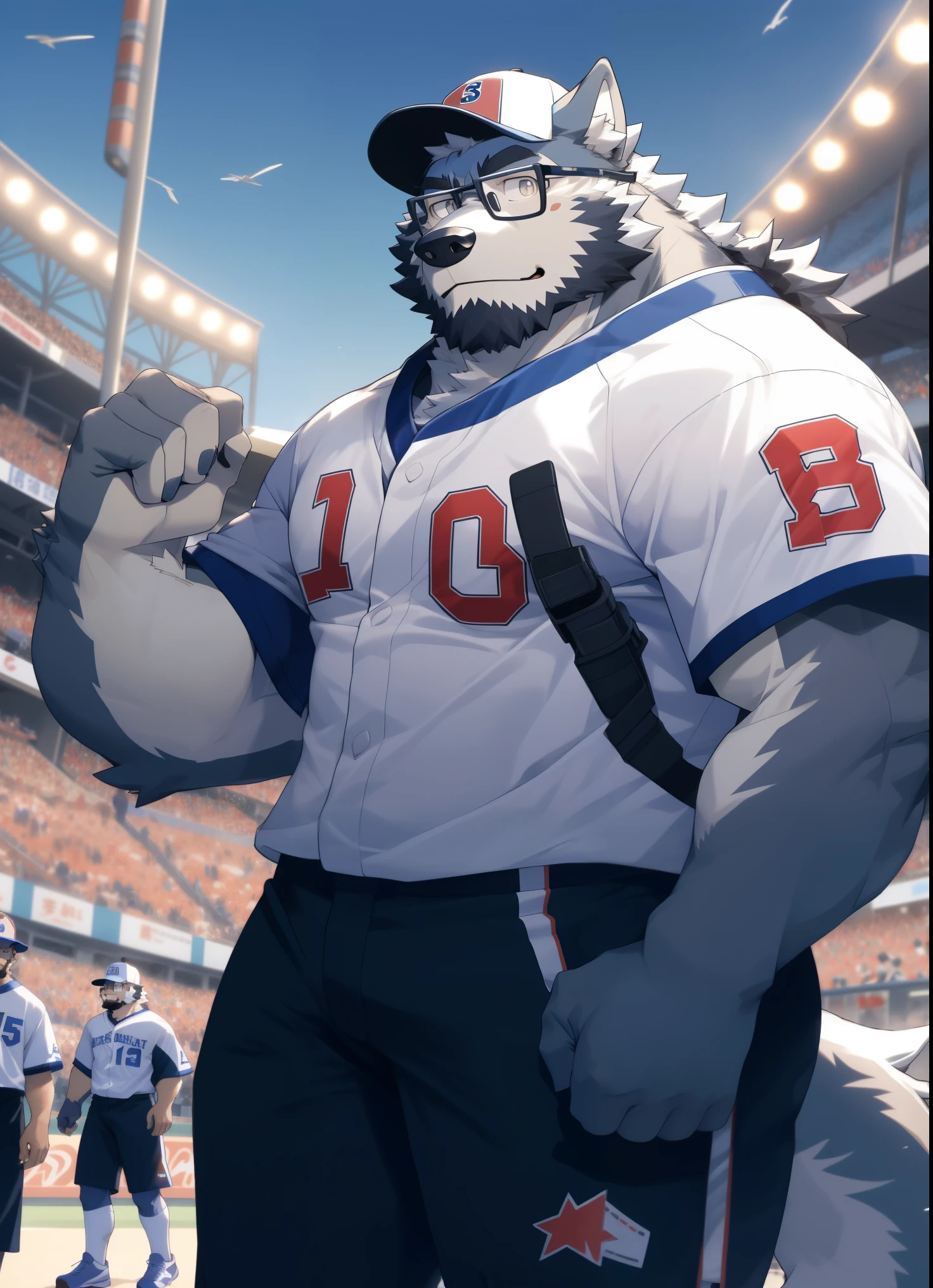 hairy，（Wolf，Black-rimmed glasses，White baseball uniform，white baseball pants，baseball cap，），beard，white fur，male，Common，full body picture， dynamic poses，Baseball games，Baseball bat，Preparing to hit the ball，There is a band-aid on the nose，detailed background，极其lifelike阴影，masterpiece，Very detailed，lifelike