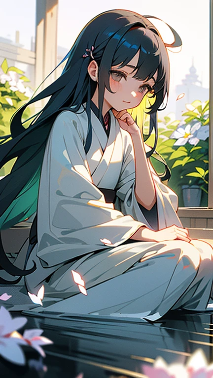 (: 1.5),, ribbon, Hanfu, (masterpiece, side light, delicate and beautiful うすいgray eyes: 1.2), masterpiece, realistic, shining eyes, shiny hair, deep green-blue hair, long hair, shiny skin, alone, strapless, delicate, beautiful, garden, flowers, A lot of falling petals,Hanabubuki