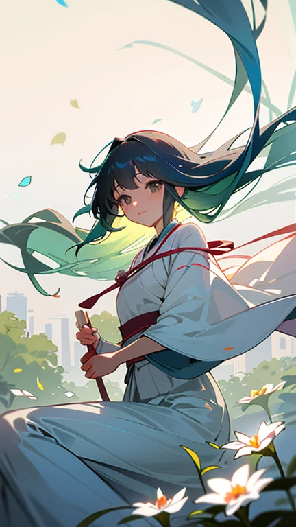 (: 1.5),, ribbon, Hanfu, (masterpiece, side light, delicate and beautiful うすいgray eyes: 1.2), masterpiece, realistic, shining eyes, shiny hair, deep green-blue hair, long hair, shiny skin, alone, strapless, delicate, beautiful, garden, flowers, A lot of falling petals,Hanabubuki