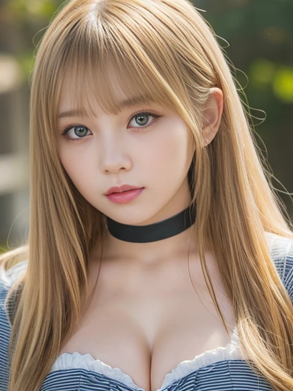 Beautiful cute face girl,beautiful blonde hair,half body shot,Beautiful long bangs,Beautiful cute hair between eyes,striped hair,round face、detailed eyes、detailed face、(big breasts:1.****u can see beautiful cleavage、put on a choker、I'm proud)、facing straight on