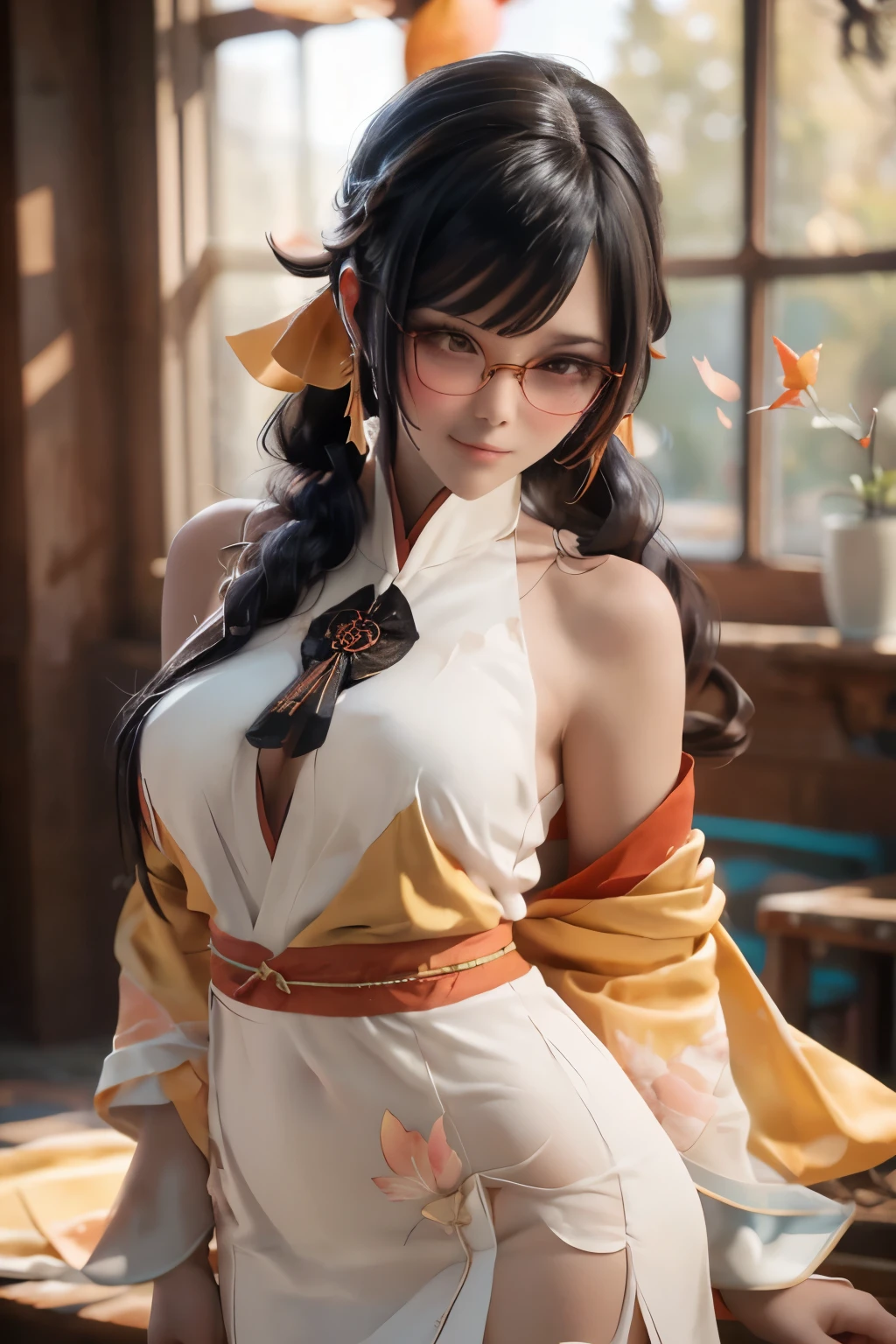 Beautiful girl, black hair in a ponytail, bangs, a hair accessory, wearing glasses, a bright smile, small breasts, a slim waist, (wearing a hanfu ((see-through)) with many layers of intricate details (light yellow)) , Dresses fluttering in the wind, seductive dances, the backdrop is an island with only peach trees in full bloom, many peach petals fluttering, morning light, anime, high quality