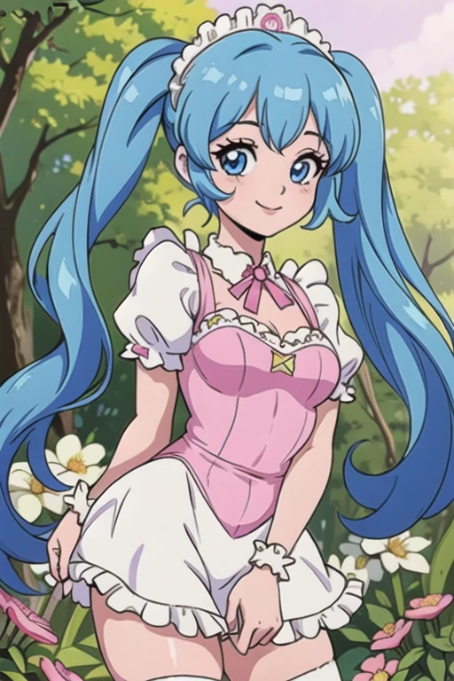 super idol　A beautiful girl in a sparkling maid cafe　charming smile　sky blue hair　hair length　twin tails　A cafe full of flowers in a bright forest　white, there&#39;s pink there, Blue and yellow maid style leotard　Facing the front, naked crotch, naked pink mesh