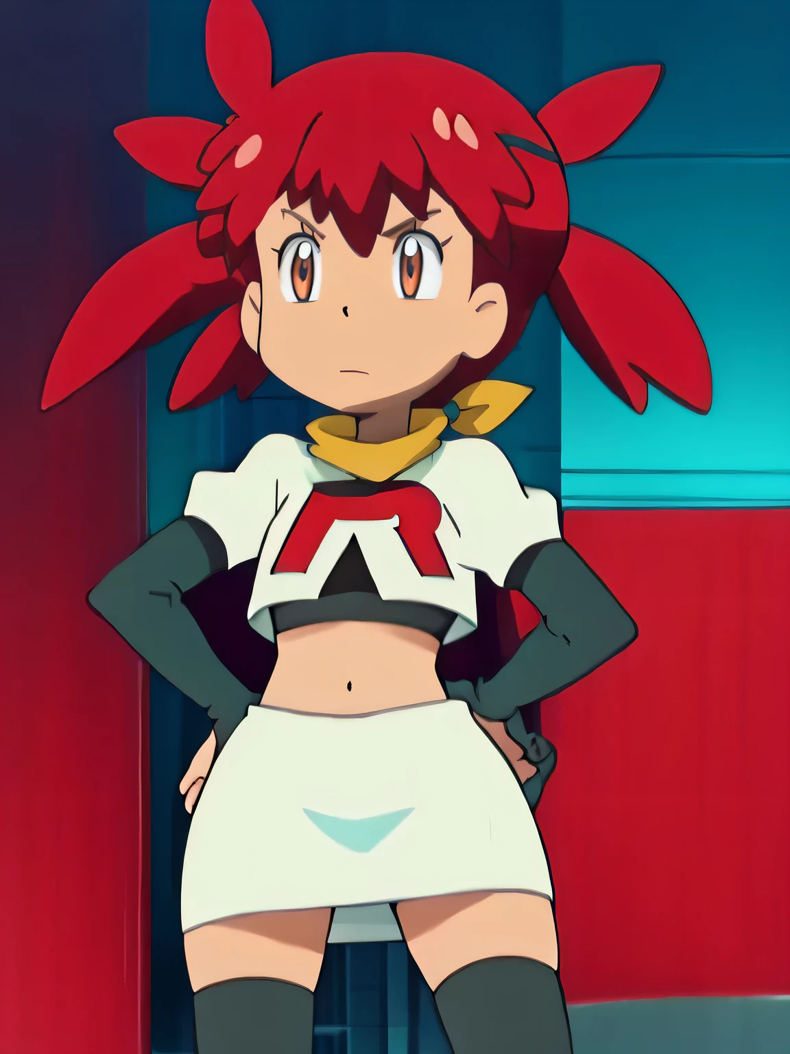 team rocket uniform, red letter r, white skirt,white crop top, black thigh-high boots, black elbow gloves, glaring angrily, looking at viewer, hands on hips, full body seen, zettai ryouiki